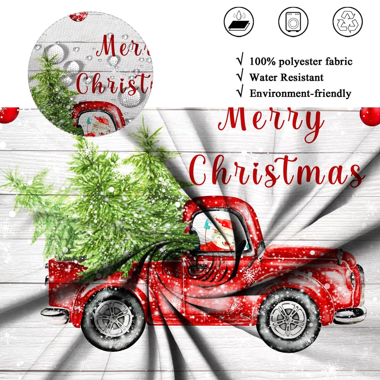 ASDCXZ Christmas Shower Curtain 180 x 200 cm, Retro Wood Grain Red Truck Snowman Christmas Tree Bathroom Washable Shower Curtains Polyester Textile