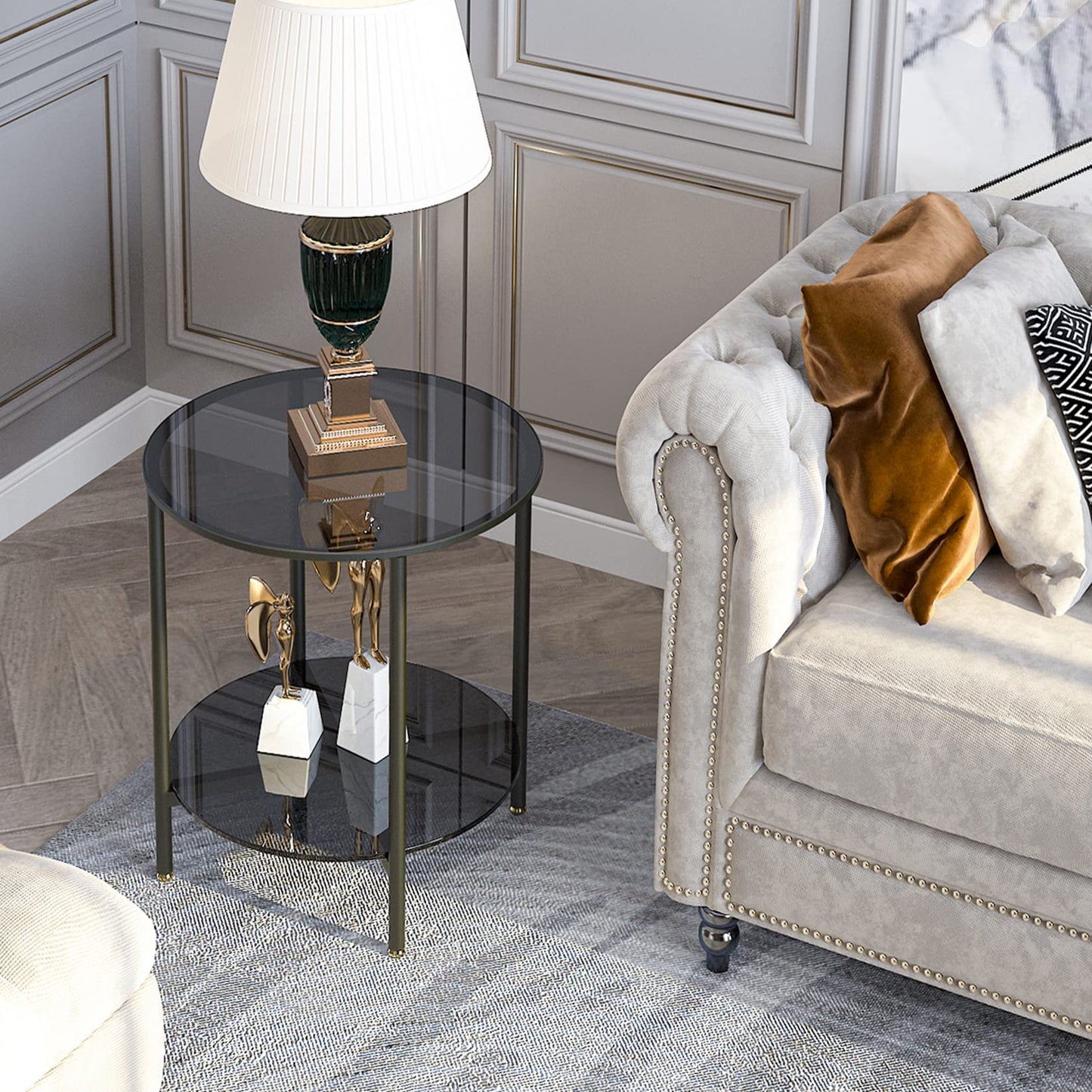 Artloge Glass Round Side Table Small: 2 Tiers End Tables Circle Diameter 50cm Slim Bedside Tables Grey Tinted Tempered Glass Top with Black Metal