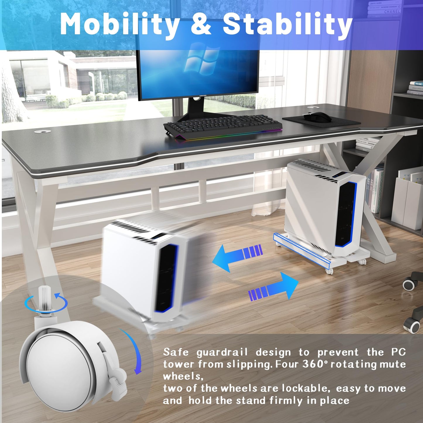 Hmfmdy CPU Stand for PC, Desktop Computer Tower Stand, Adjustable CPU Holder, Universal Mobile PC Stand with Rolling Lockable Castors