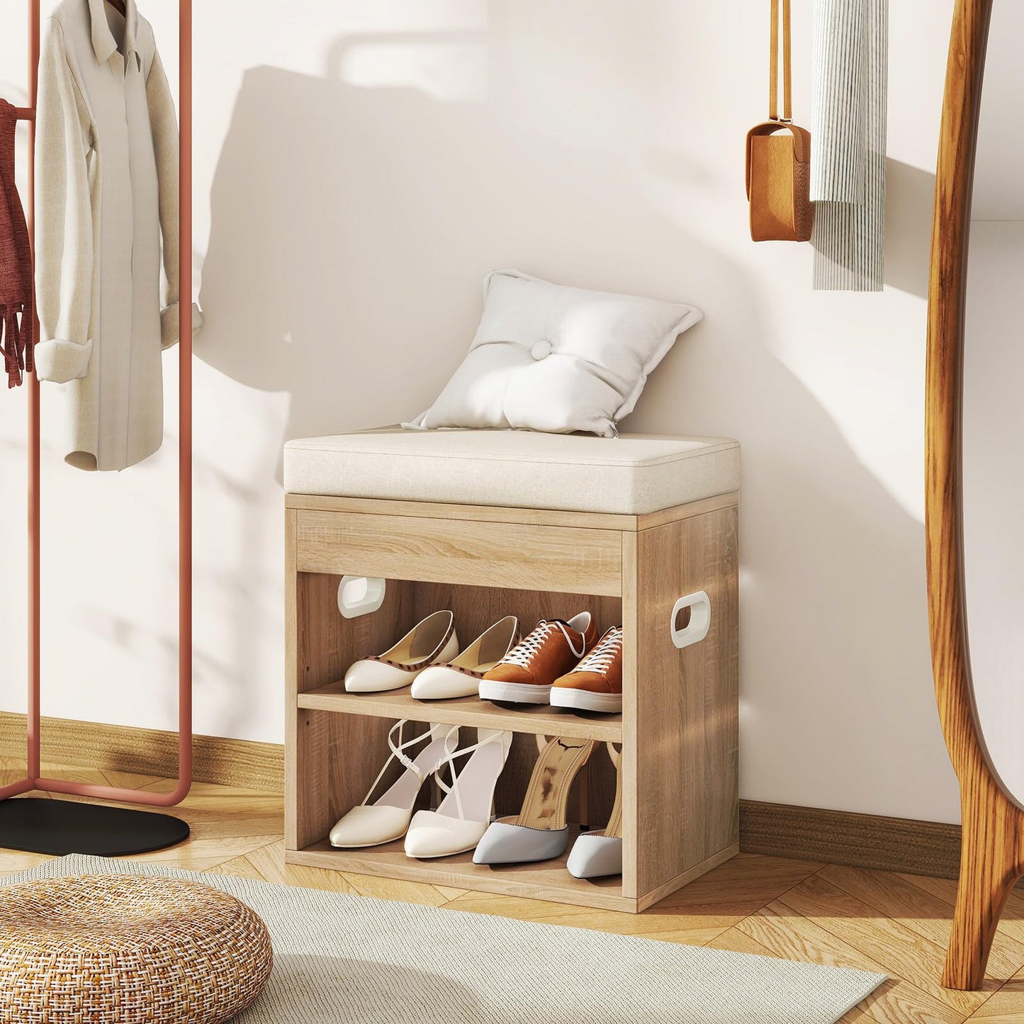 YMYNY Small Shoe Storage Bench with Cushion & Drawer, Light Natural HSC002R