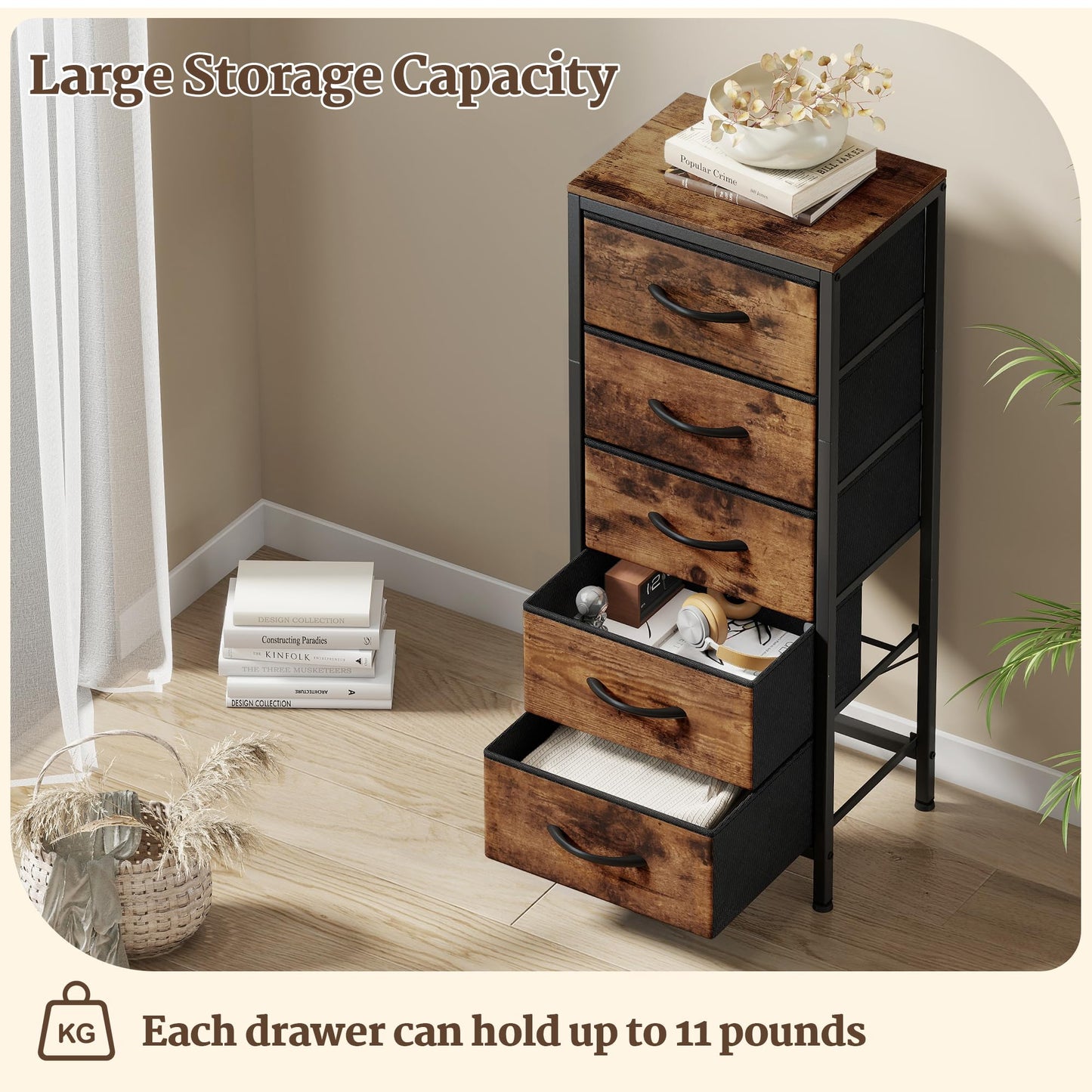 Suuiwau Tall Chest of Drawers, 5 Fabric Drawer Storage Unit with Wood Top