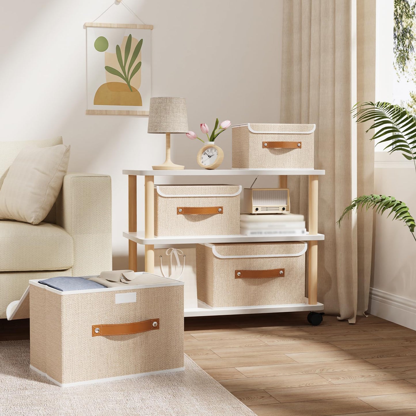 OUTBROS Storage Boxes with Lids 5 Pack, Bins 26x20x17 cm, Beige