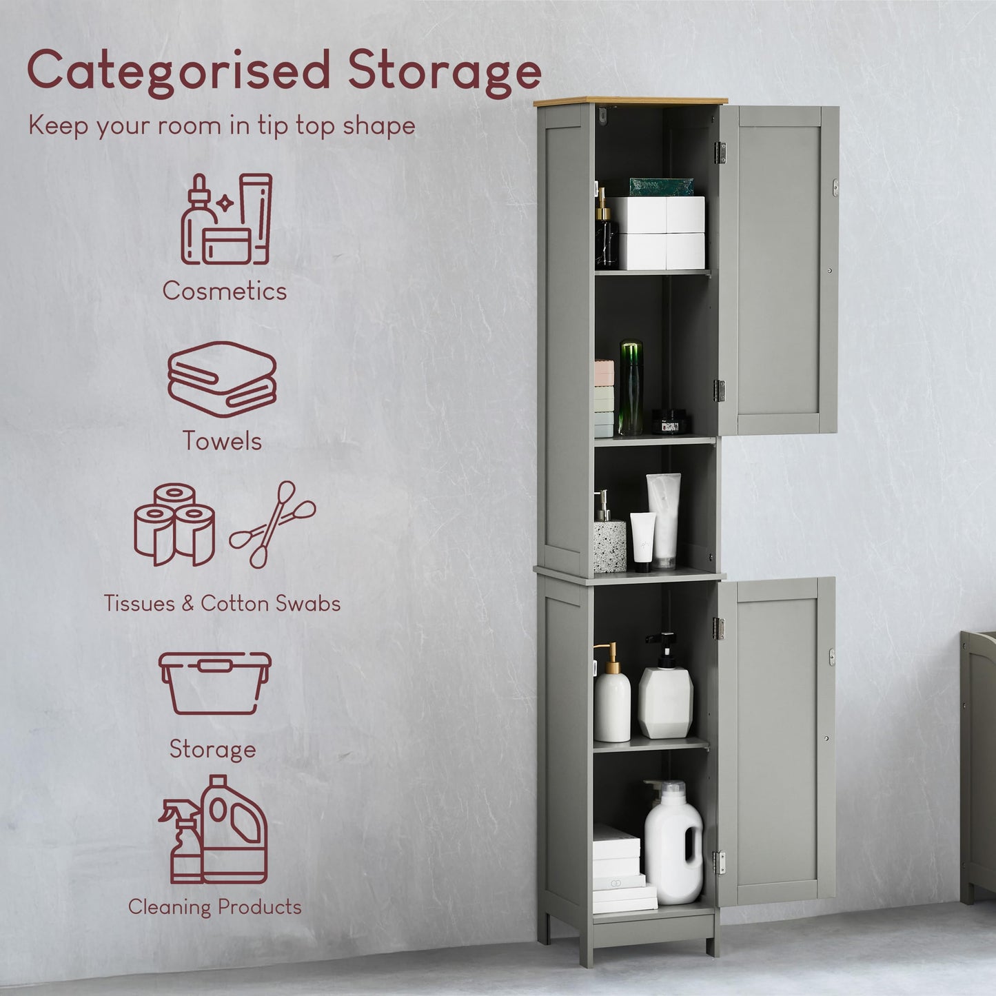 Bath Vida Priano Freestanding 2 Door Tall Storage Cabinet, Grey & Oak