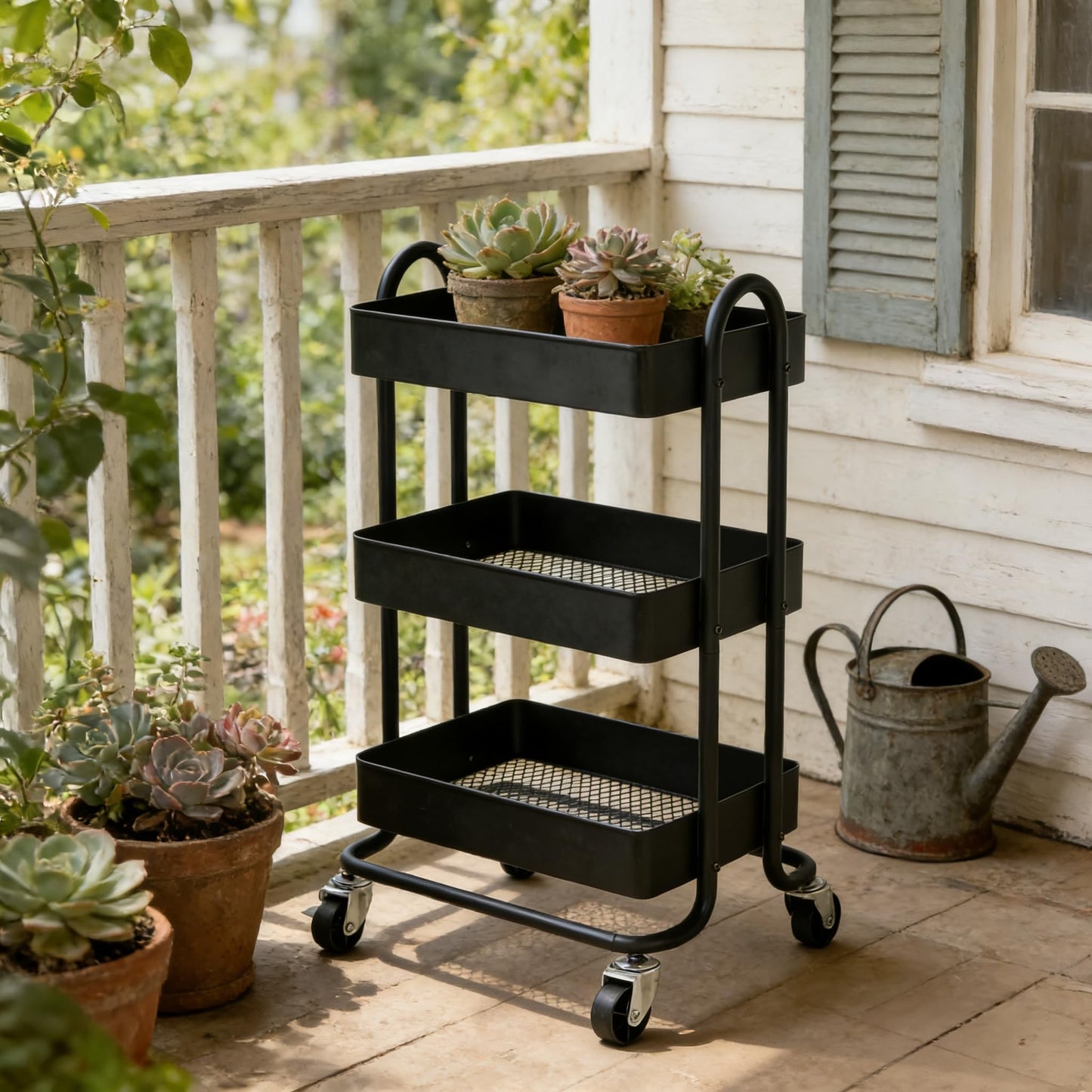 Mordchil EU 3 Tier Metal Utility Cart with Lockable Wheels for Storage, Rolling Utility Trolley Storage Cart for Home & Office, Black