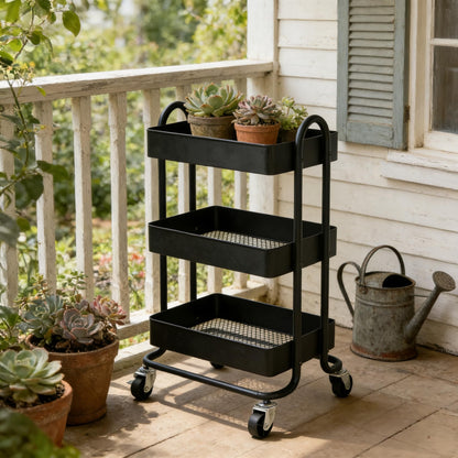 Mordchil EU 3 Tier Metal Utility Cart with Lockable Wheels for Storage, Rolling Utility Trolley Storage Cart for Home & Office, Black