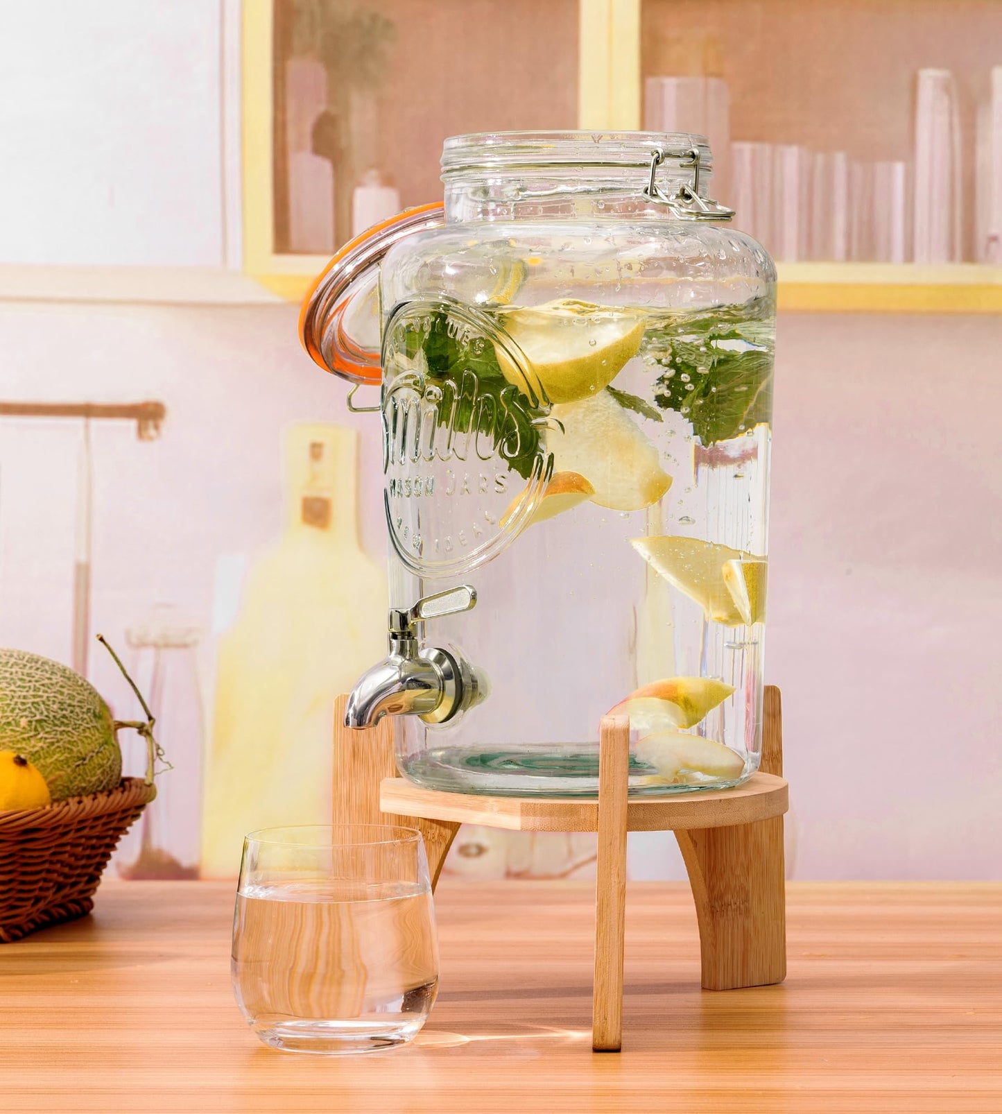 Smith's Mason Jars 5-Litre (169oz) Drink or Water Dispenser with Stainless Steel Spigot(Tap), Removable Mesh Filters and Wooden Stand - Ideal for