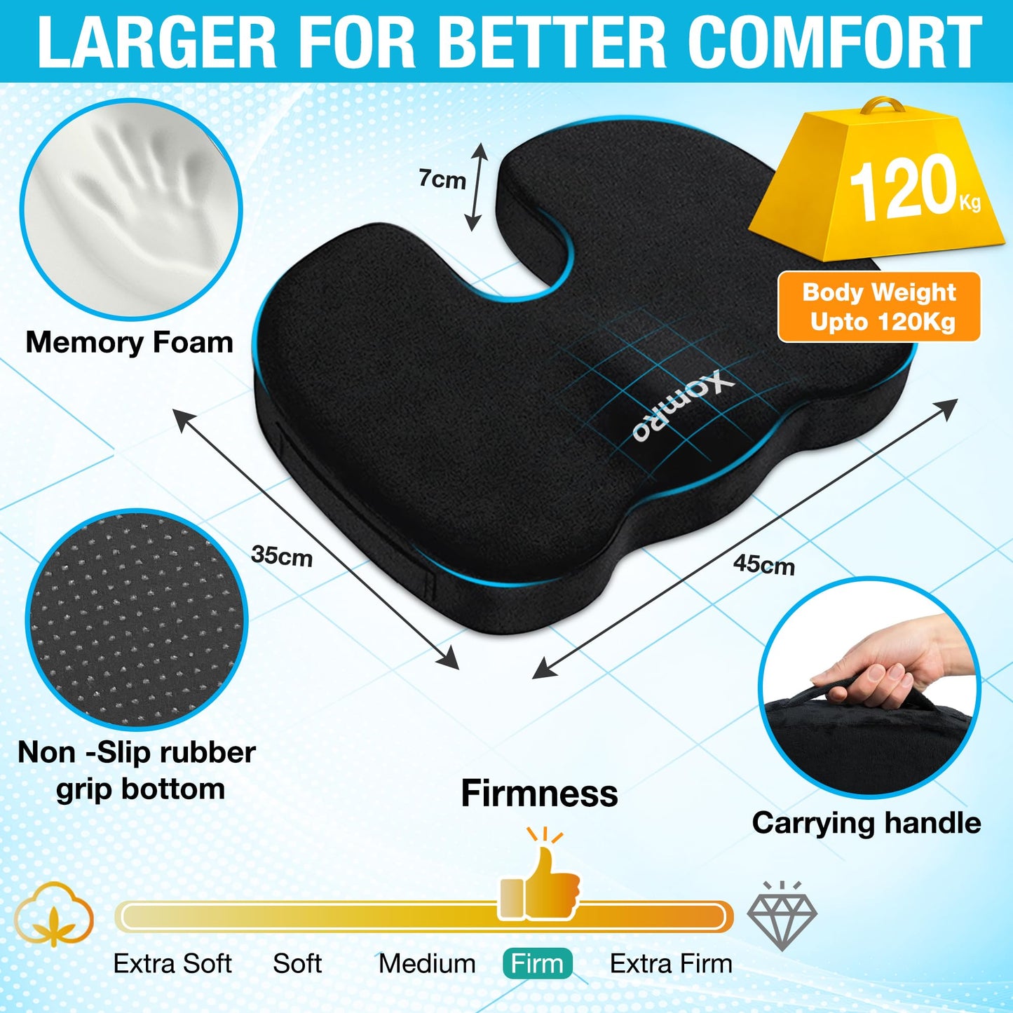 XomRo Ergonomic Memory Foam Seat Orthopedic Coccyx Cushion Chair Tailbone Pain Relief Sciatica Back Hip Support Office Chair Car Gaming Wheelchair