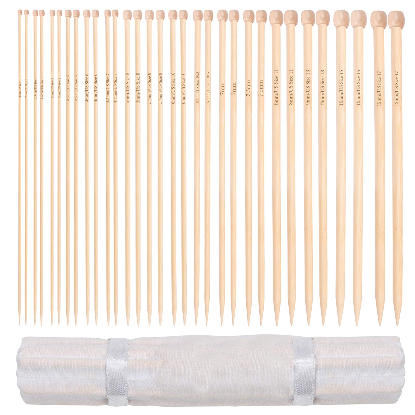 Curtzy Bamboo Knitting Needle Set - 16 Pairs of Wooden Straight Knitting Needles with Storage Case - Single Pointed in Sizes 2mm - 12mm - Each Needle