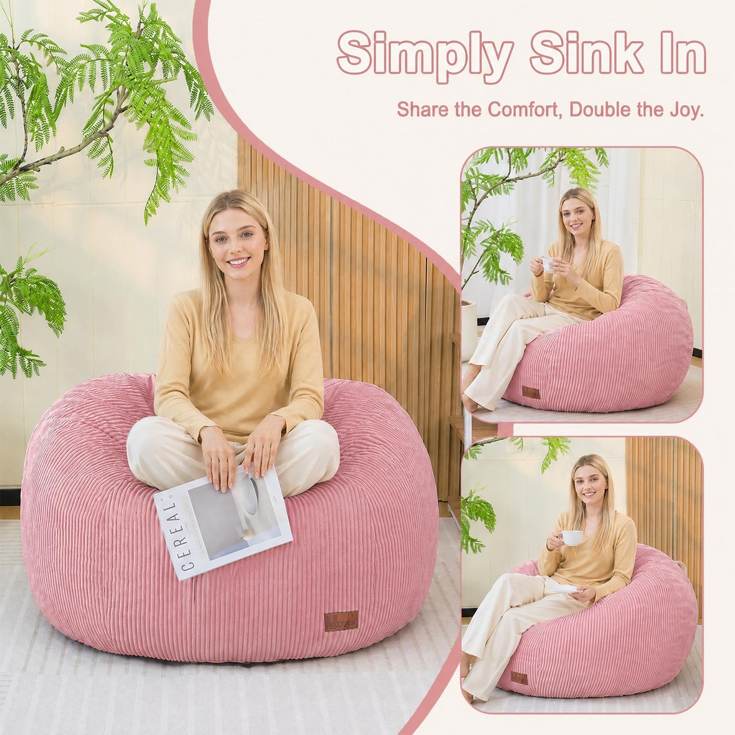 UODERS Oval Bean Bag for Adults Kids & Teens, Large Bean Bag Chair with Corduroy Cover with Handle