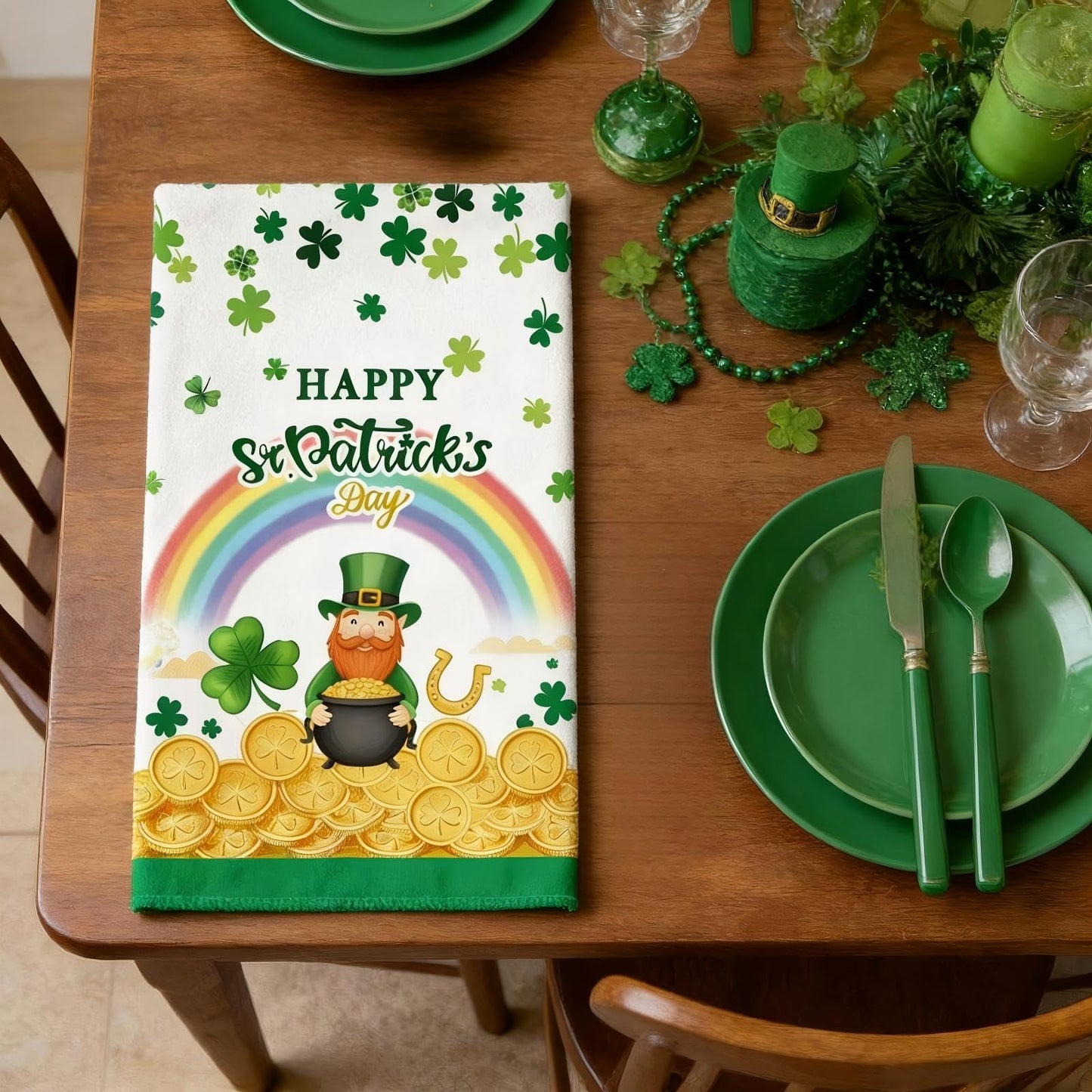 Kaiperala 2pcs St Patricks Day Tea Towels for Kitchen, Irish Green Kitchen Towels Shamrock Four Leaf Clover Print Hand Towel Absorbent Microfiber
