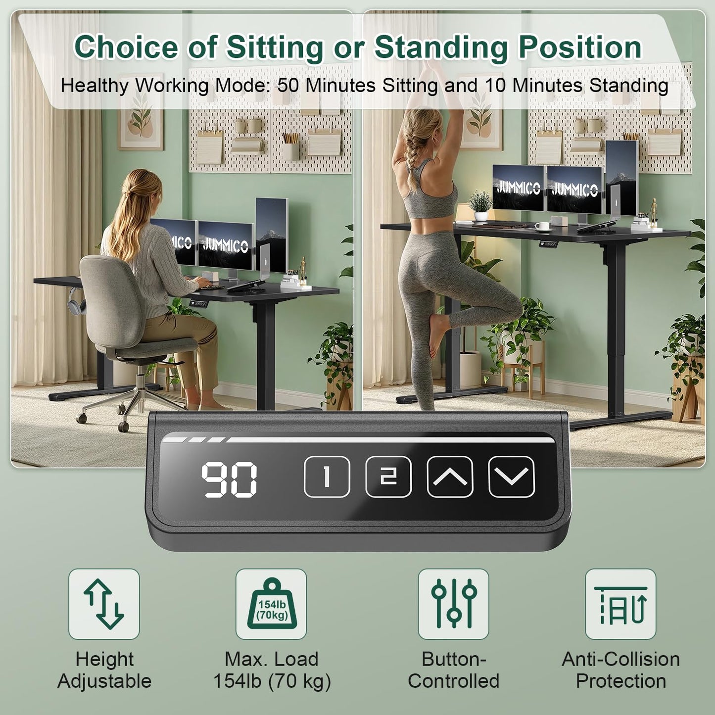 JUMMICO Electric Standing Desk 100 x 60 cm Home Office Height Adjustable Desk, Computer Lift Table with Smart Panel