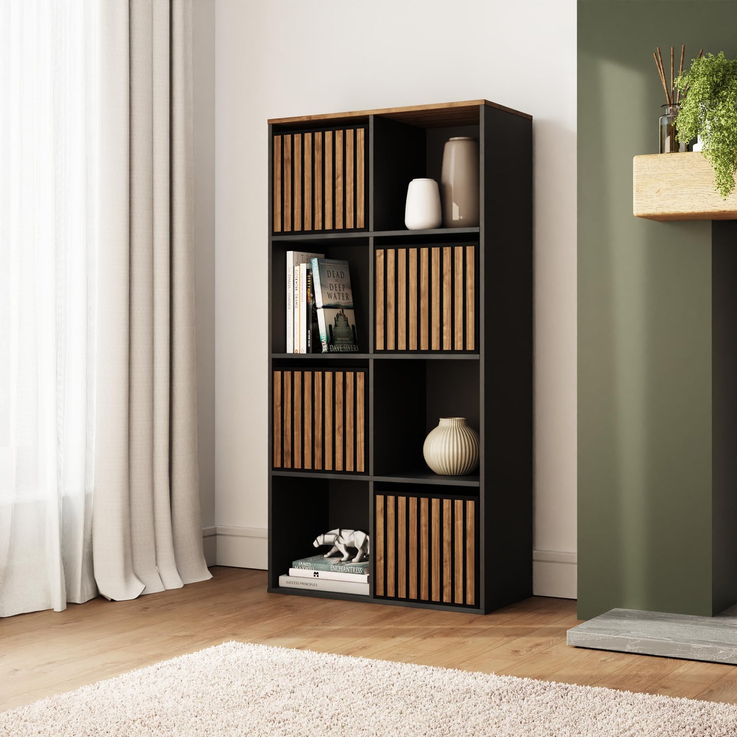 GFW Kube Cube Storage Unit with Open & Hidden Storage, Black & Walnut Effect Shelving Unit for Living Room, Bedroom or Office