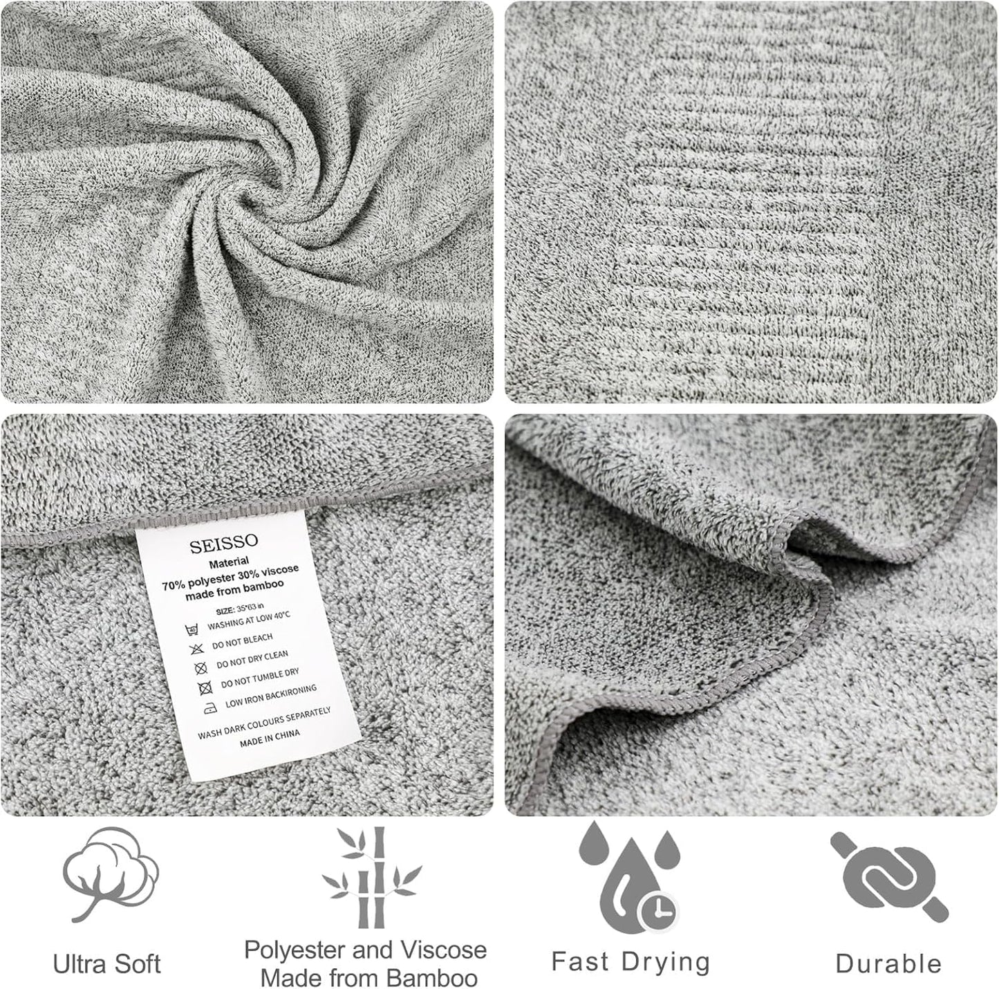 SEISSO Set of 4 Bath Towels,88.9 × 160 cm,Bamboo Fibre & Microfibre Blend,Highly Absorbent,Quick-Drying,Soft Oversized XXL Towels,350 GSM,Suitable