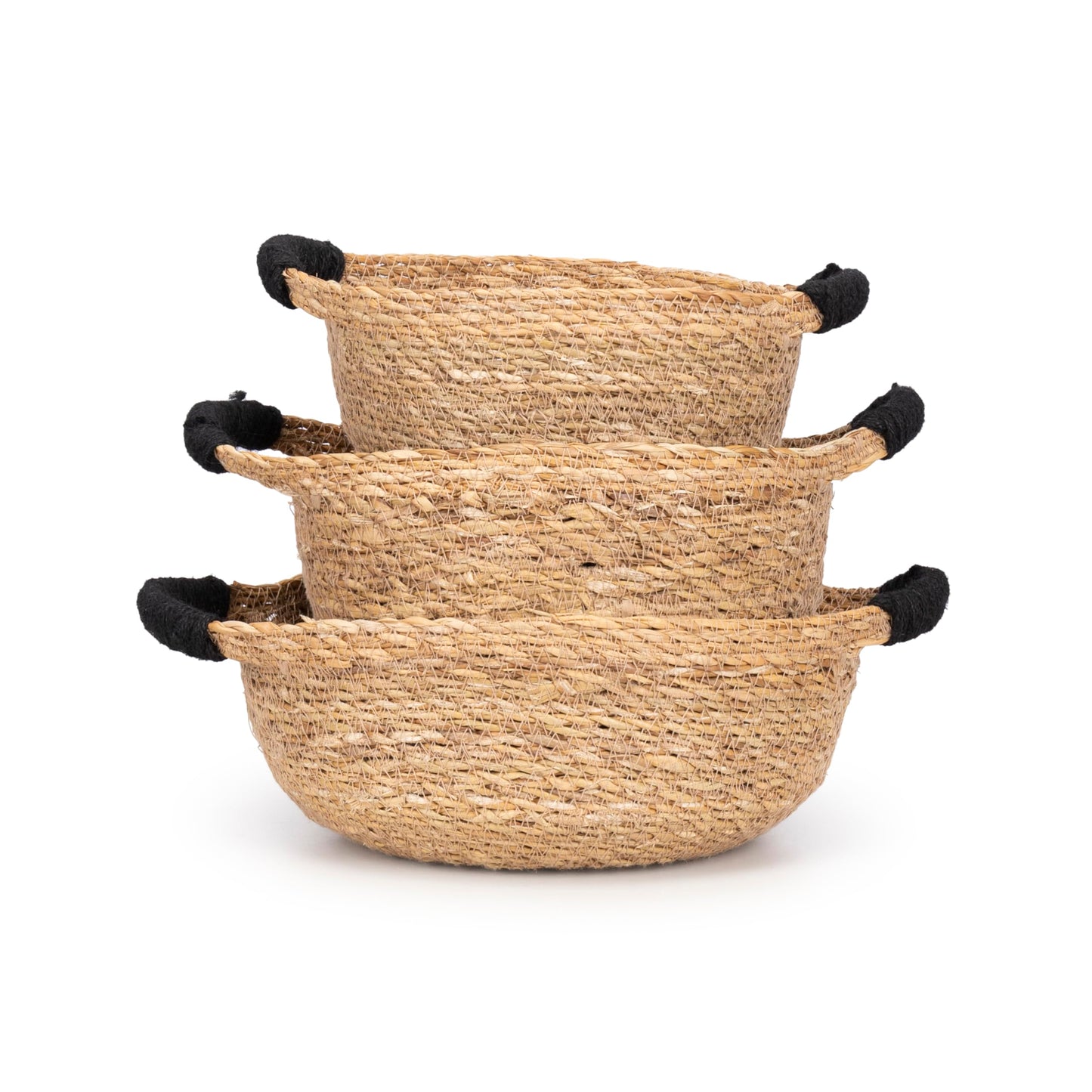 Olly & Rose Set 3 Natural Seagrass Storage Baskets with Black Handles - Durable 25,22,19cm Premium Home Decor