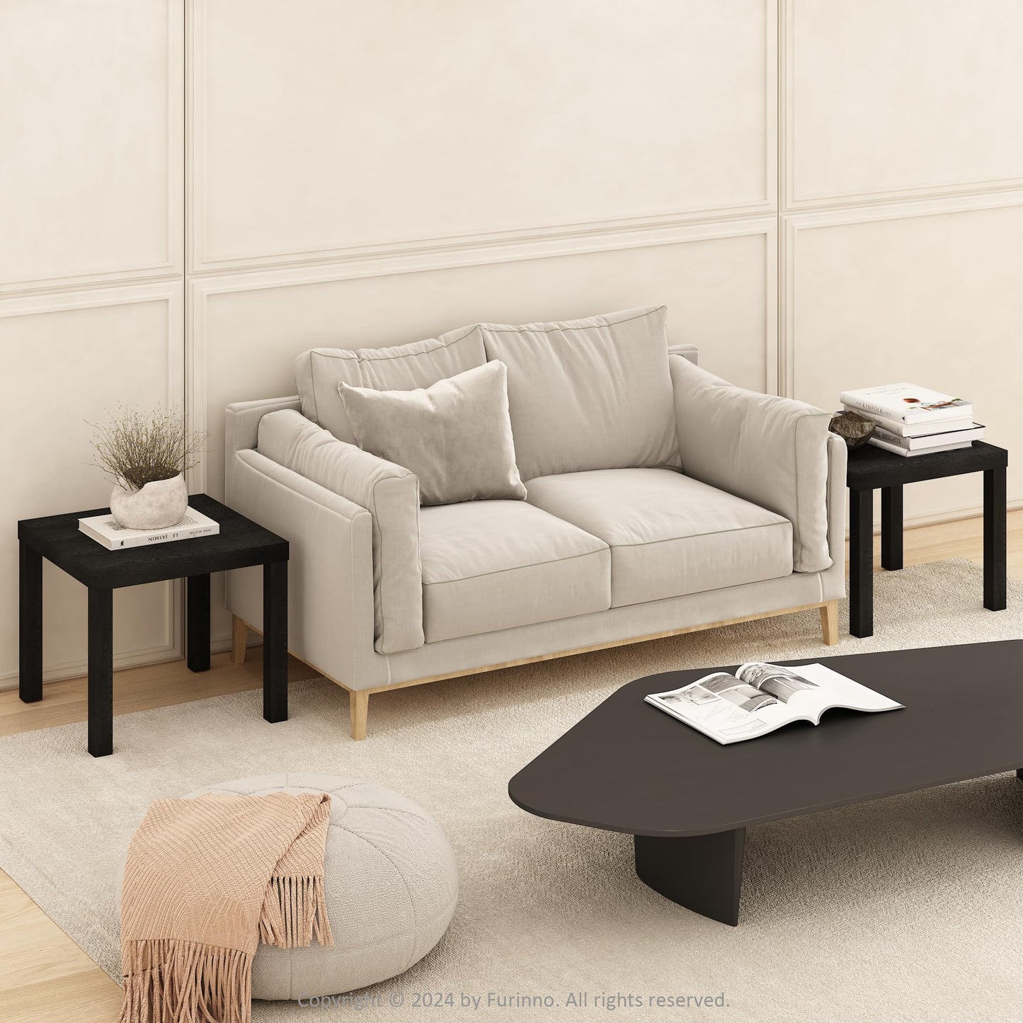 Furinno CLASSIC Coffee Table Set of 2, Square Modern Coffee Table with 1.8 Thick Tabletop, Side Table with 4 Legs, for Living Room, Bedroom