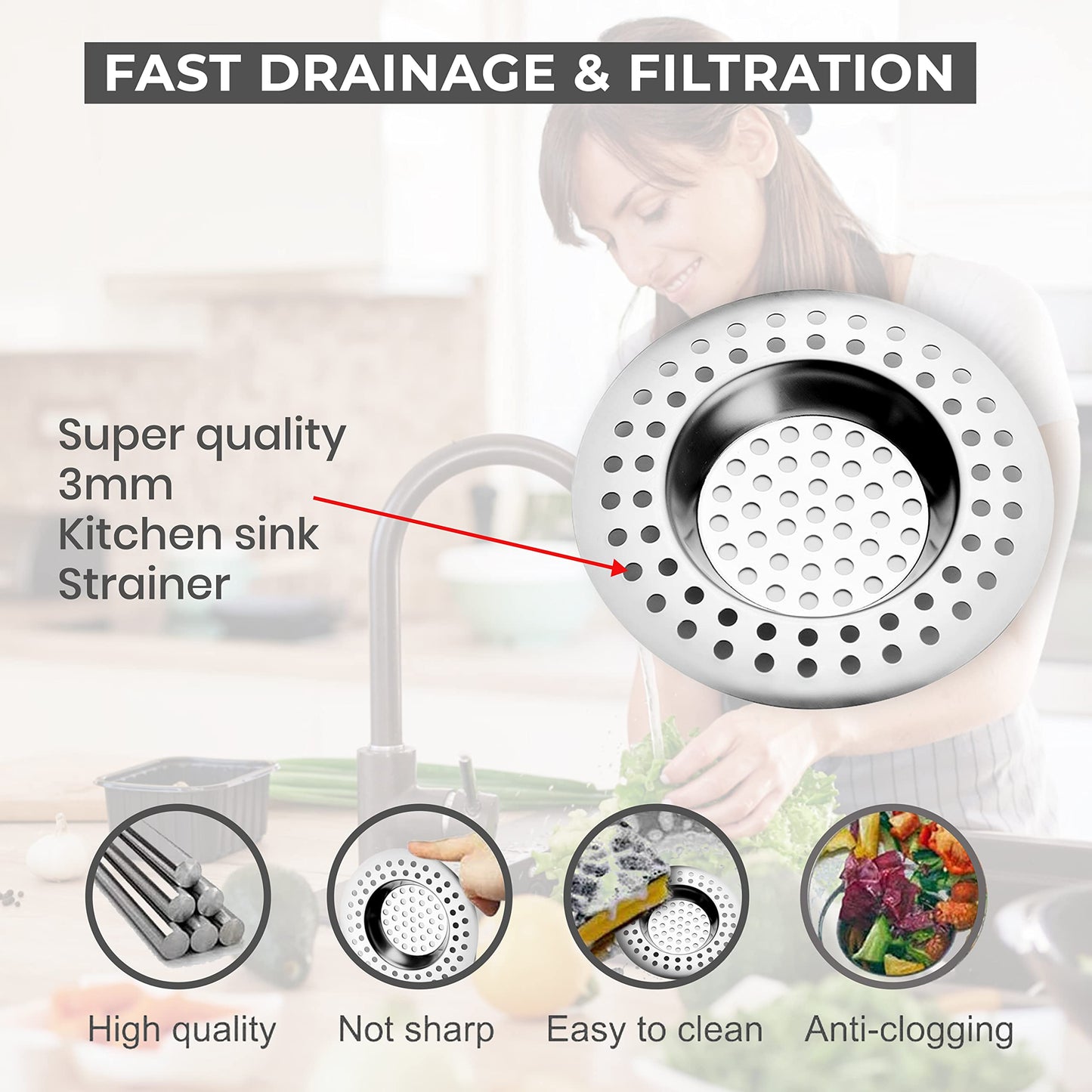 2pk Bath Plug Hair Catcher – Plug Hole Hair Catcher, Shower Plug Hair Trap | Stainless Steel Flat Sink Strainer for Bath and Kitchen – 7.7cm | 90 Hole