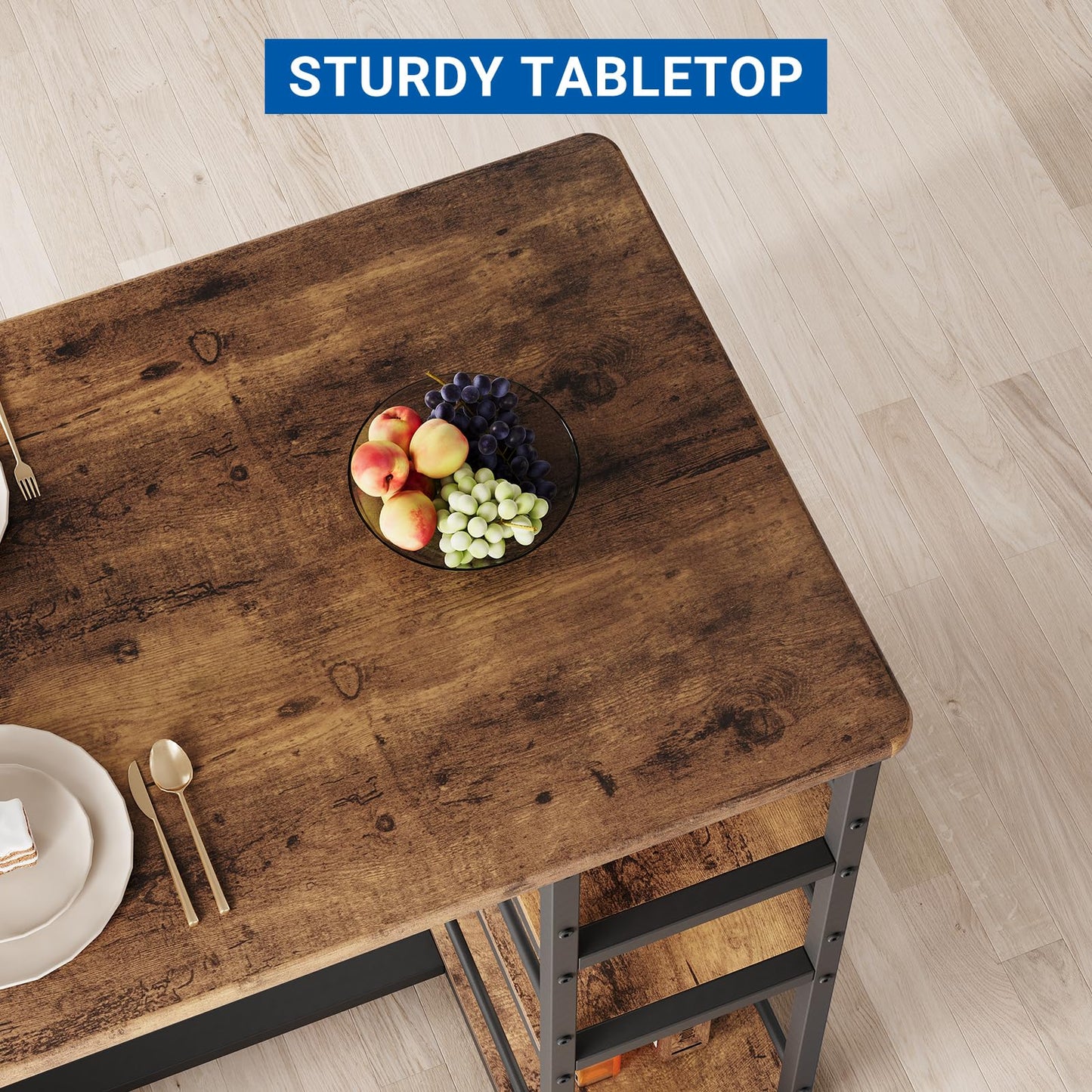 Crevyteg Compact 3-Piece Breakfast Bar Set for Small Spaces - Includes Storage Shelf Table & 2 High-Back PU Leather Stools