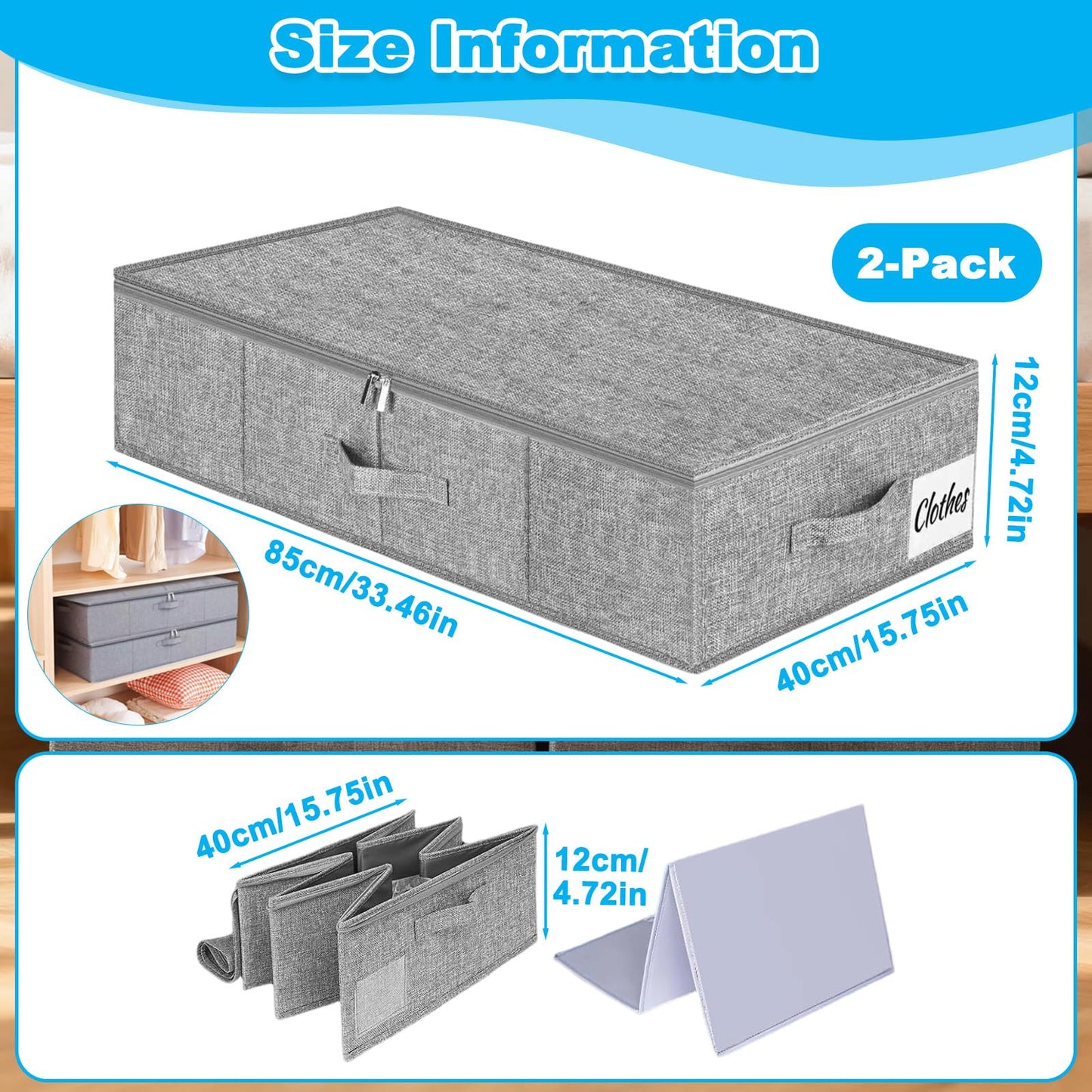 BOBILIFE Under bed storage box, 2pcs foldable under bed storage box, 33.46×15.75×4.72in with 3 handles and double zipper