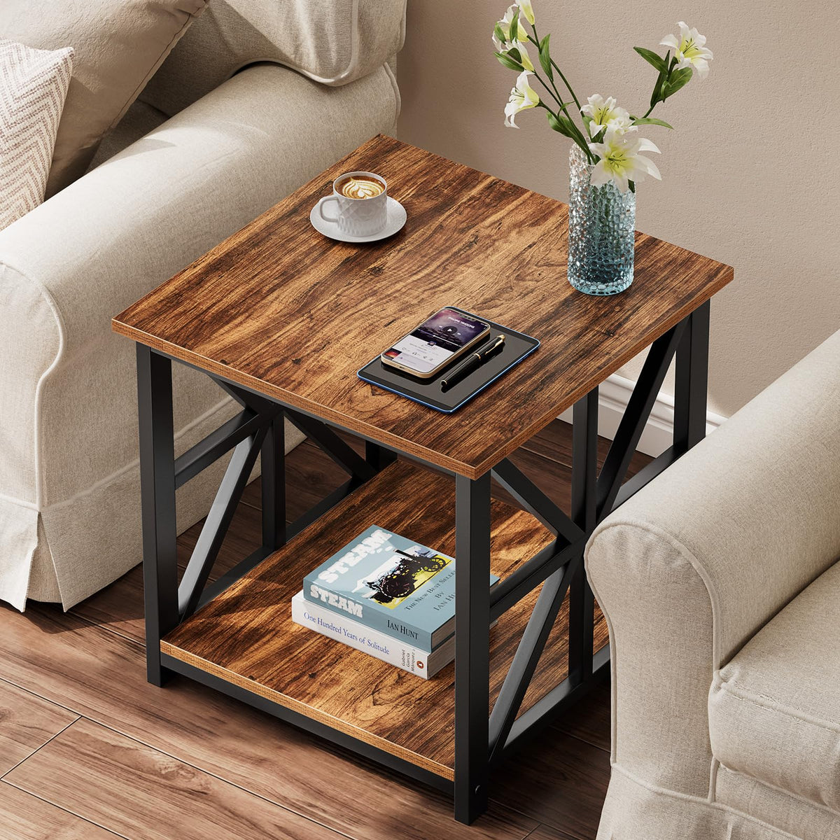 GreenForest Side Table 50cm 2-Tier Storage for Living Room, Walnut
