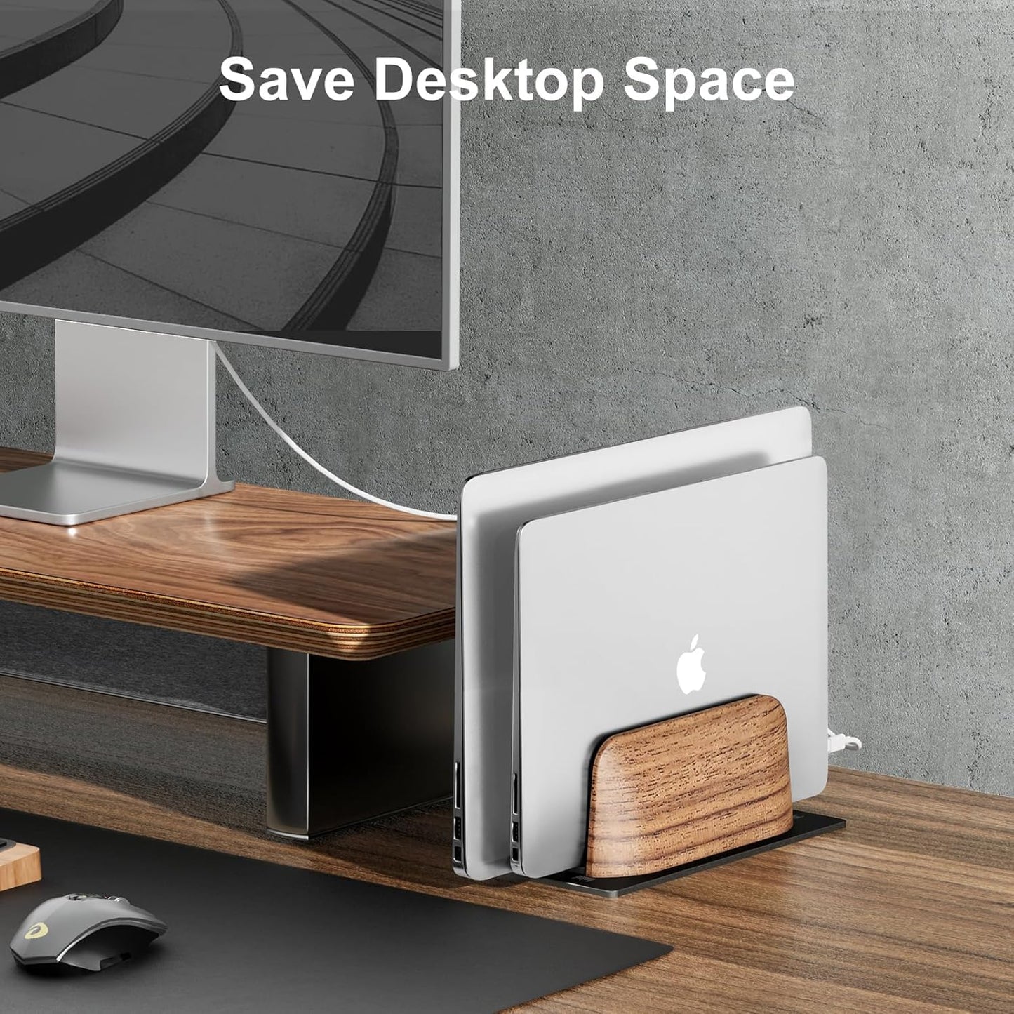 SHUOSUO Vertical Laptop Stand, Dual Slot Walnut Wood Laptop Holder for Desk, Natural Wooden & Aluminium Width Adjustable Dock for MacBook and Other