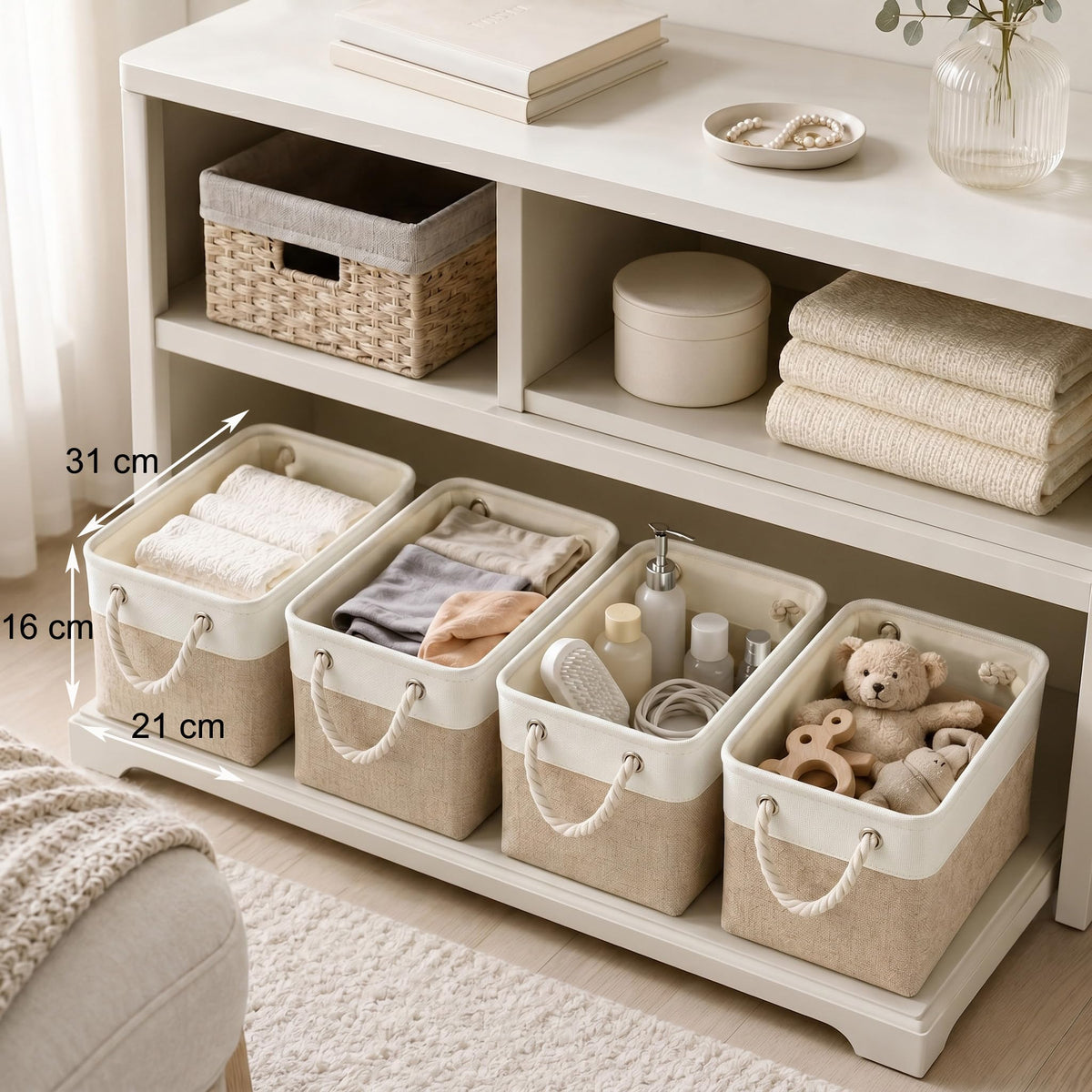 Mangata Storage Boxes, Small Fabric Storage Baskets with Rope Handles for Cupboards, Shelves, Wardrobe, Toys, Clothes Foldable, Light Khaki White