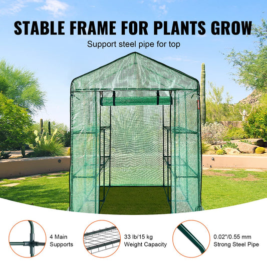 VEVOR Walk-in Green House, 4.6 x 4.6 x 6.6 ft Greenhouse with Shelves, Set Up in Minutes, High Strength PE Cover with Door & Windows and Steel Frame,