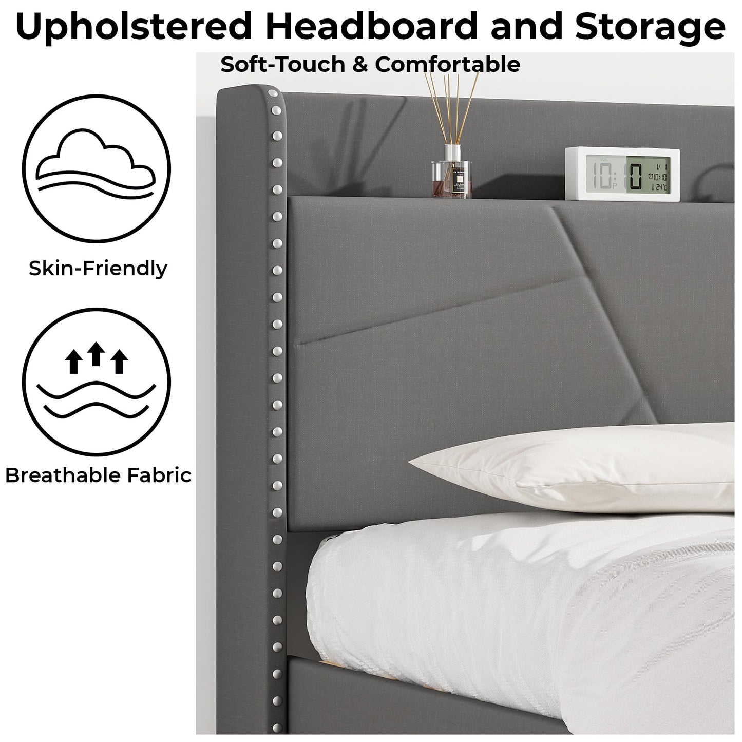 IRONCK 5ft King Size Bed Frame with Charging Station, Bed Frame King with Upholstered Storage Headboard, Sturdy Wooden Slat Support