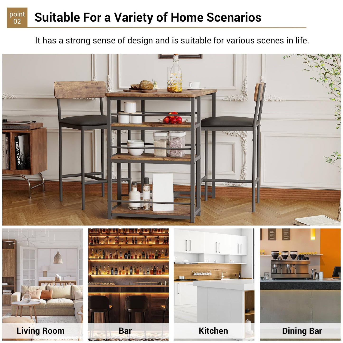 Techigher Bar Table Set, Dining Tables with 2 Upholstered Chairs, 3 Piece Counter Height Kitchen Table Set with 3-Tier Storage Shelves