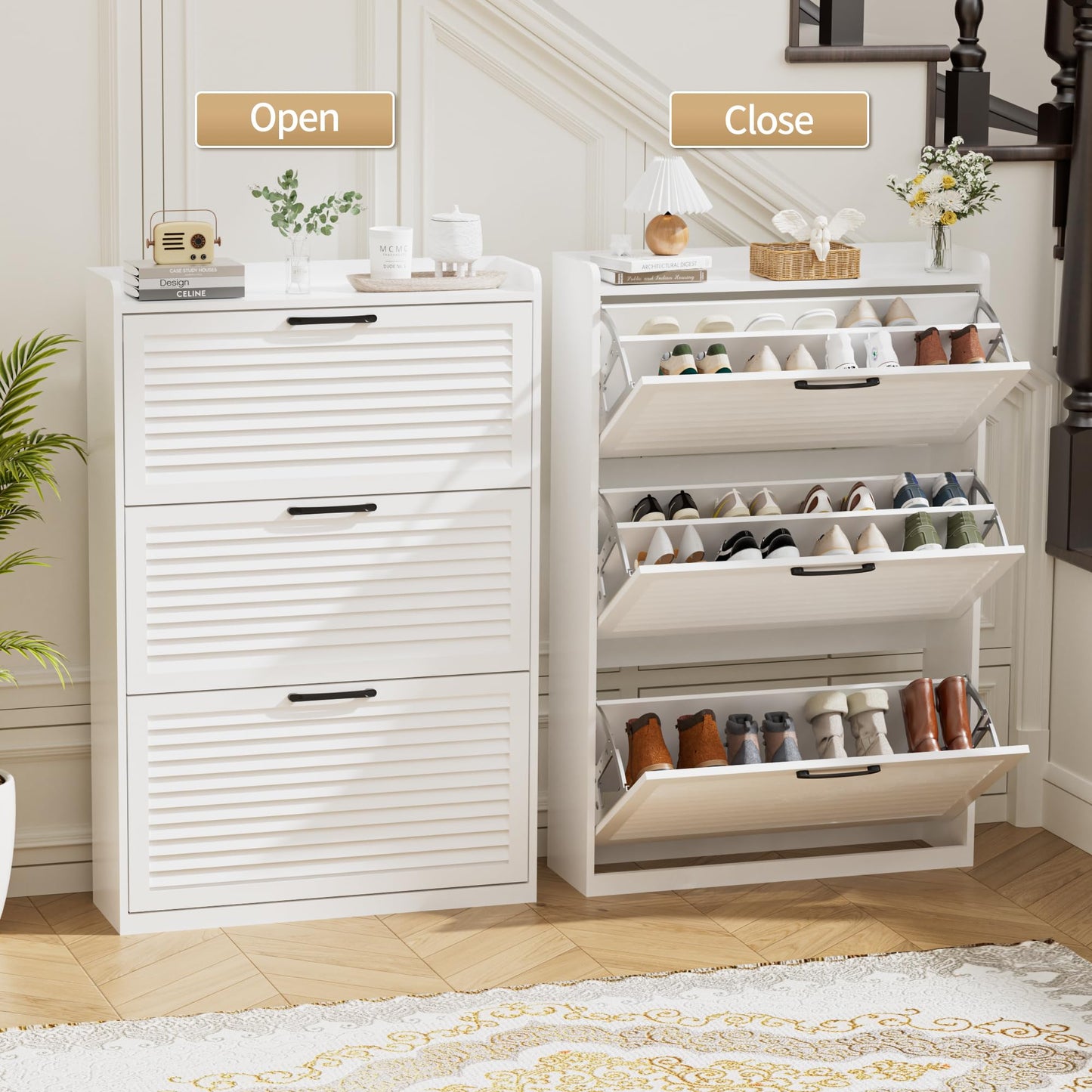 BonVache Shoe Storage Cabinet, Shoe Organizer Cabinet with 3 Flip Louvered Doors, Narrow Wooden Shoe Rack Cabinet with Adjustable Dividers For