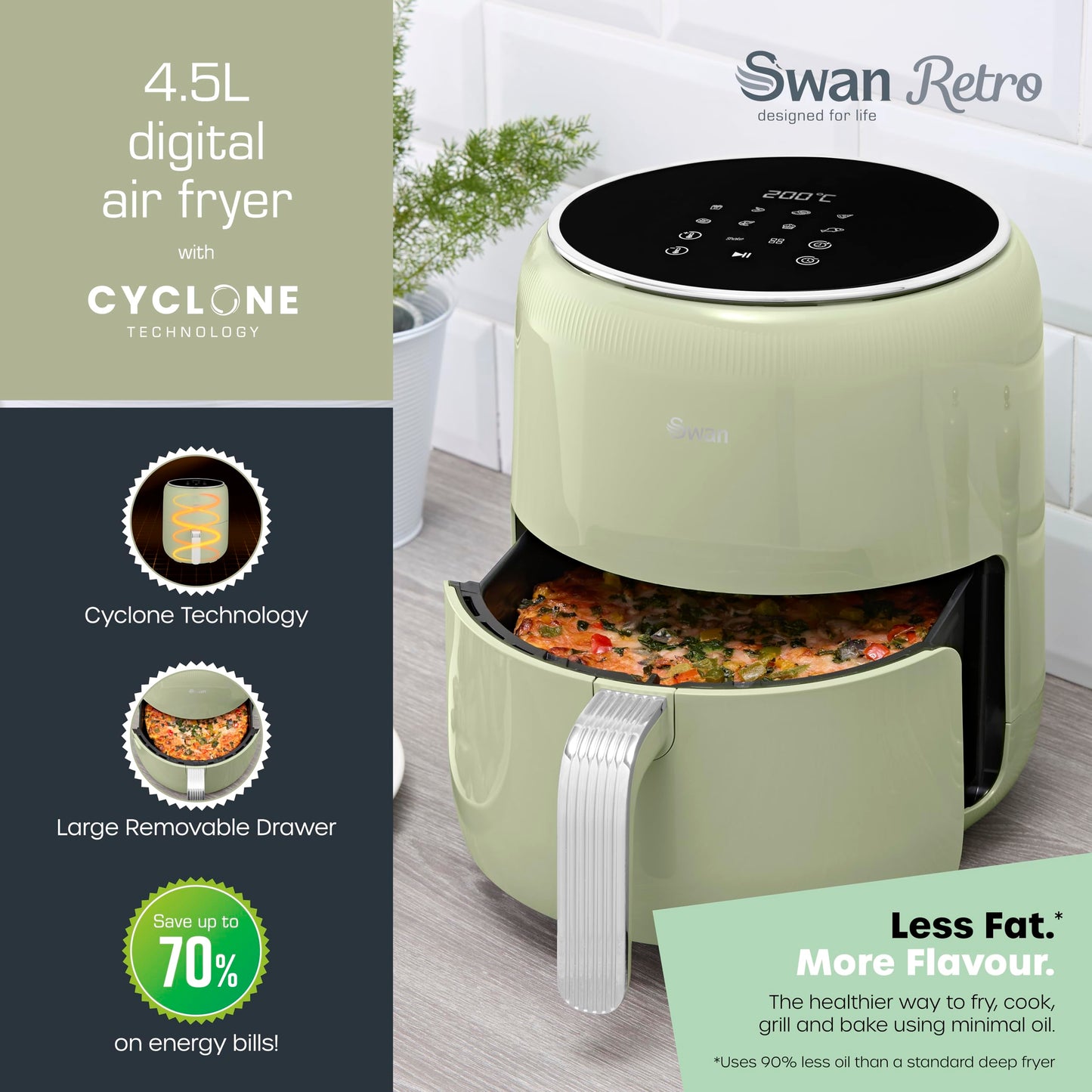 Swan SD10513GRN Retro Digital Air Fryer with Swan Cyclone Technology, 8 Pre-Set Cooking Options, Adjustable Temperature, 4.5L 1500W, Green