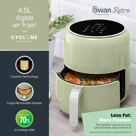 Swan SD10513GRN Retro Digital Air Fryer with Swan Cyclone Technology, 8 Pre-Set Cooking Options, Adjustable Temperature, 4.5L 1500W, Green