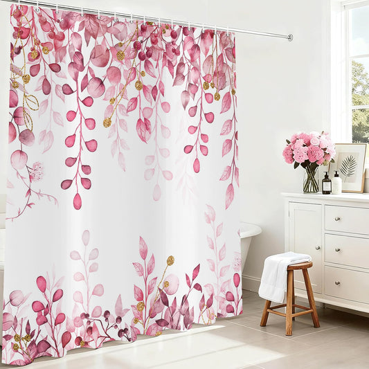 ASDCXZ Pink Eucalyptus Shower Curtain 180x200 cm, Watercolor Eucalyptus Leaves Flowers Cottagecore Plants Waterproof Bath Curtain Polyester Textile