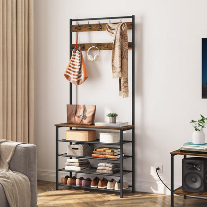 HOOBRO Coat Stand, Coat Rack with Shoe Storage, Free Standing Hall Tree with 9 Hooks, Shoe and Coat Rack for Hallway, Entryway, Metal Frame, Sturdy,