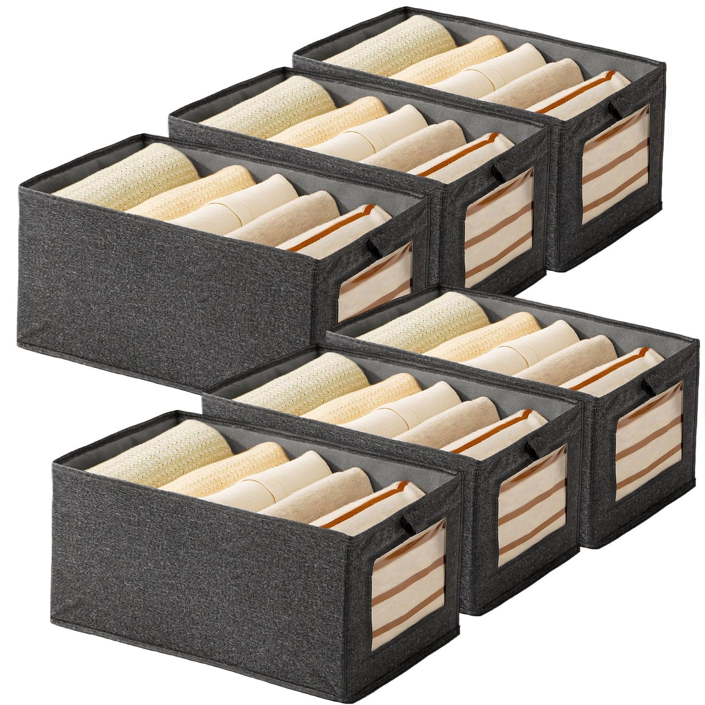 Wardrobe Storage Organiser Foldable - 6Pcs Drawer Organiser Clothes Fabric Storage Boxes Bin with Clear Window Shelf Stackable Clothing Storage Box