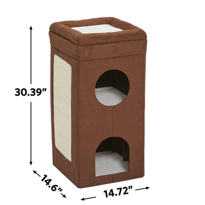 MidWest Homes for Pets Cat Condo; Tri-Level Design in Brown Faux Suede & Synthetic Sheepskin; 37.08L x 37.39W x 77.19H Centimeters; Model 137-BRC
