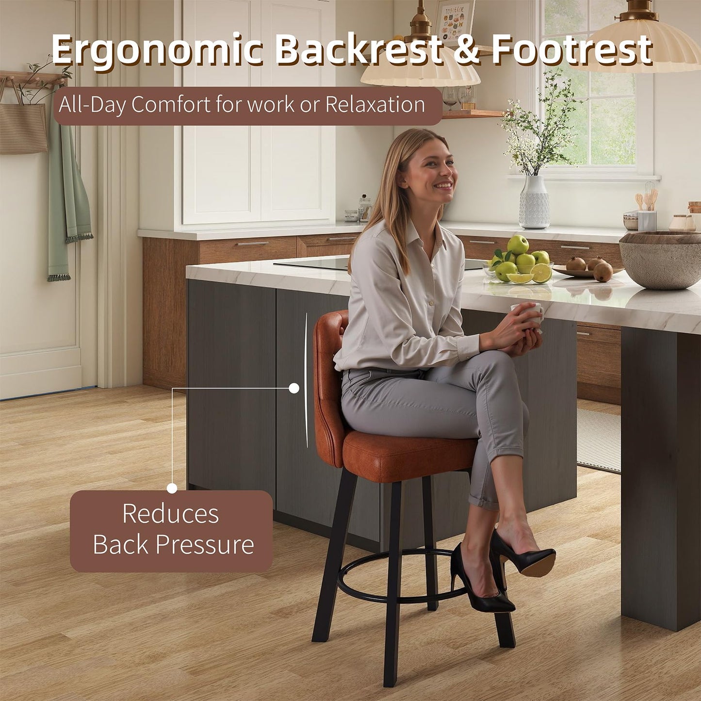 Youhauchair Bar Stools Set of 2, Waterproof PU Leather, Brown