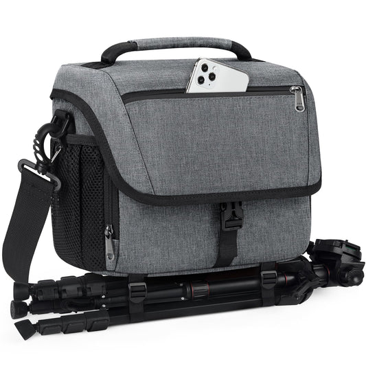 RAINSMORE Camera Bag Professional DSLR/SLR/Mirrorless Camera Case Waterproof Camera Sling Bag Small with Rain Cover&Tripod Holder Grey