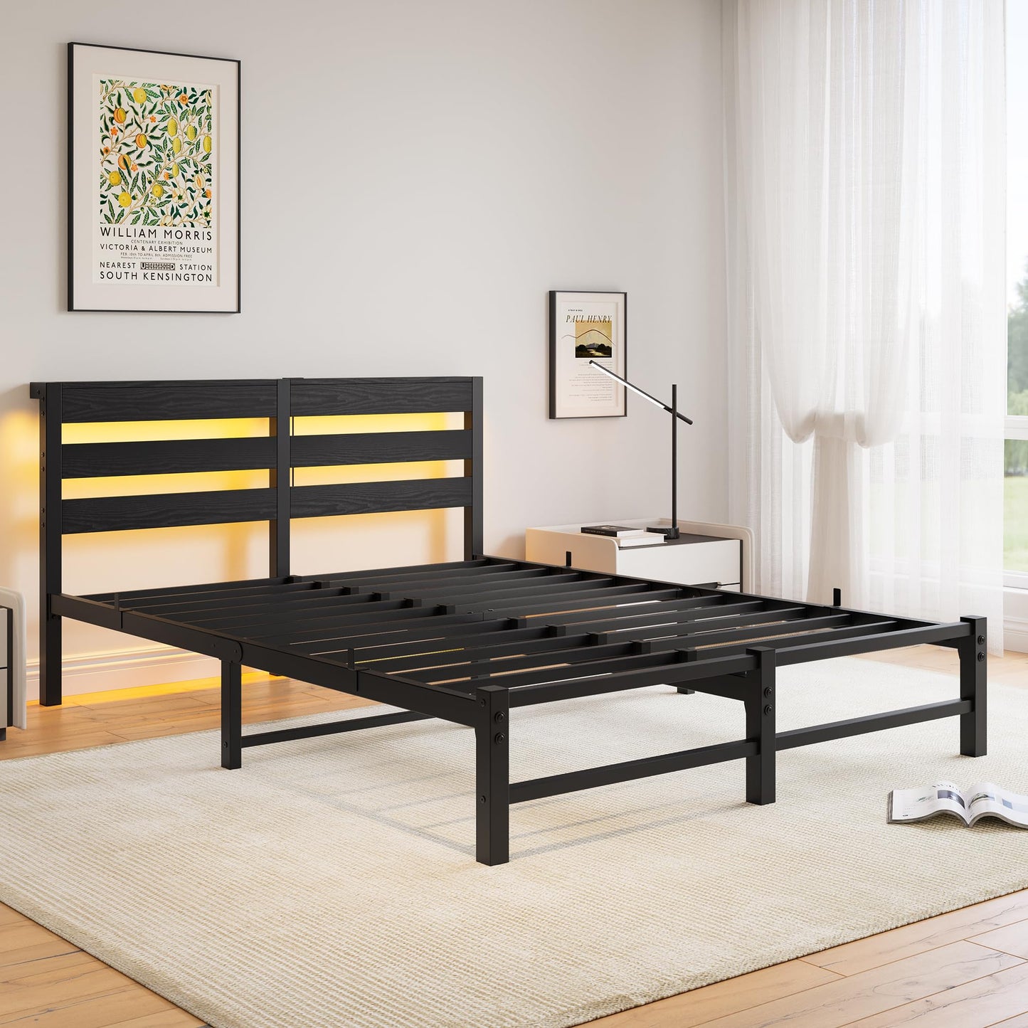 VERFARM 5ft King Bed Frame with Charging Station and LED Lights, Heavy Duty Metal Platform King 150x200 cm Bed Frame with Wood Storage Headboard
