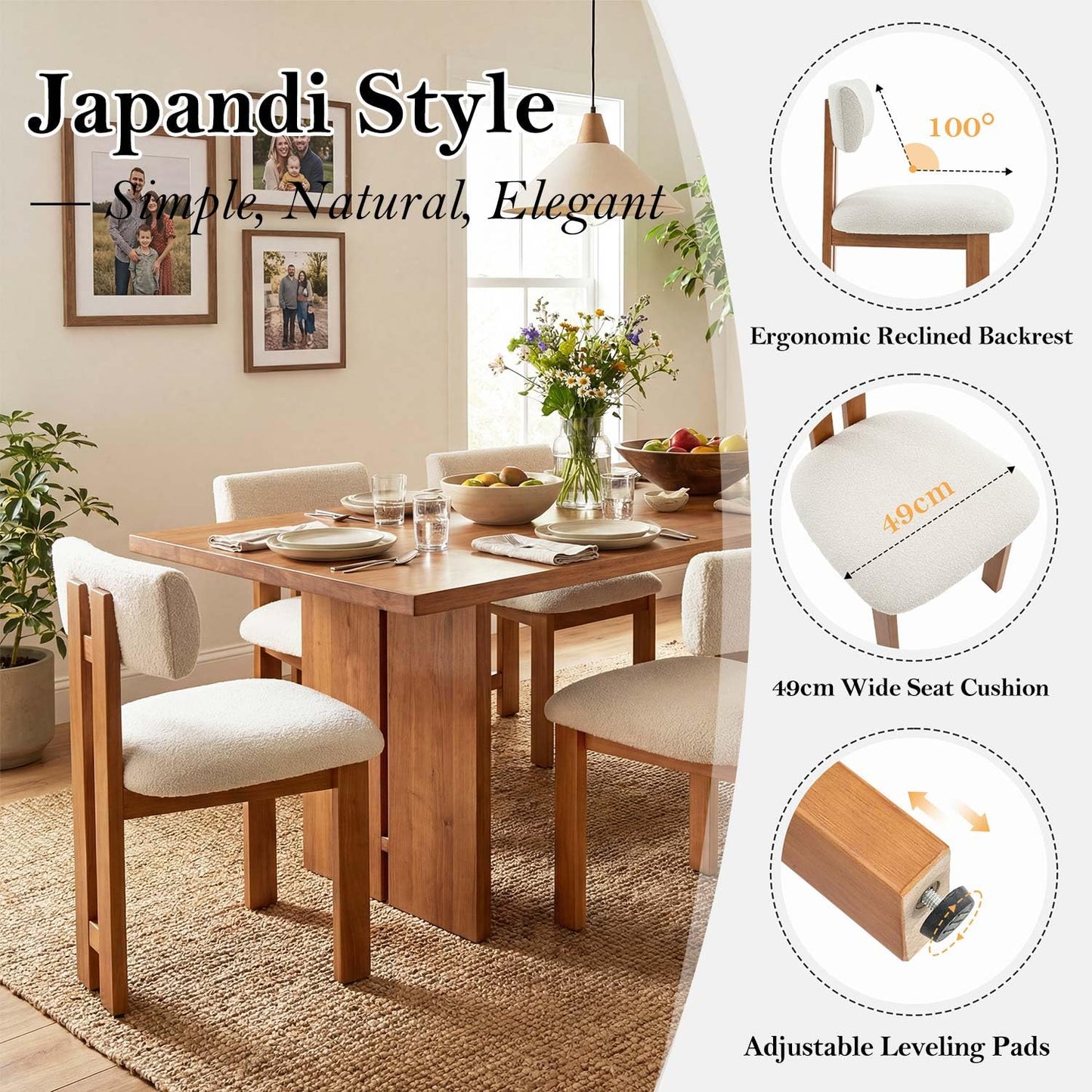 younturn Retro Mid Century Dining Chairs Set of 2, Boucle Upholstered Seats with Backrest and Solid Wooden Legs, Kitchen Chairs for Dining Room