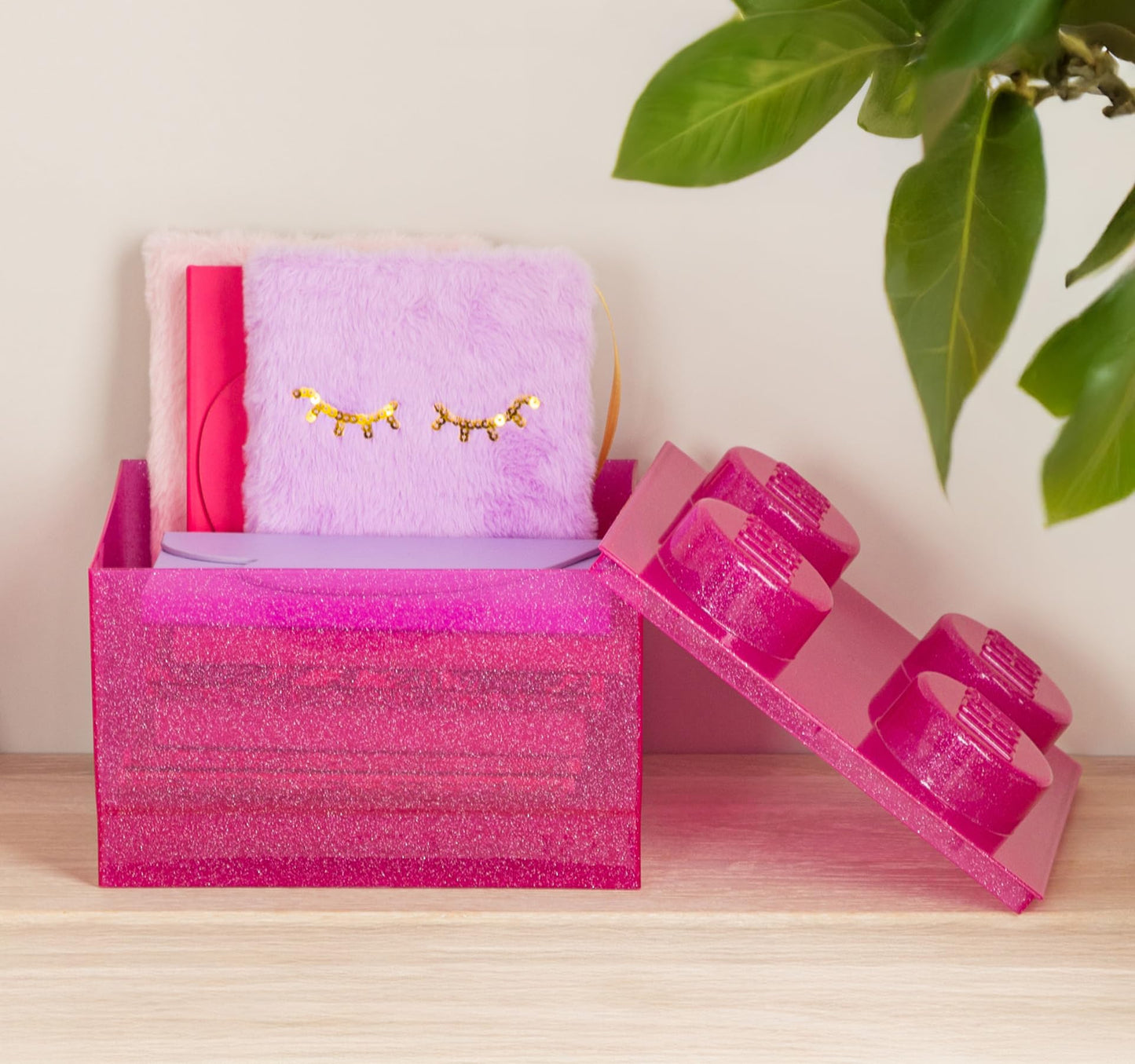 Room Copenhagen LEGO Storage Brick 4 Knobs Glitter Medium Violet - Stackable Plastic Storage Box with Lid for Kids and Adults Desk Organizer and Toy