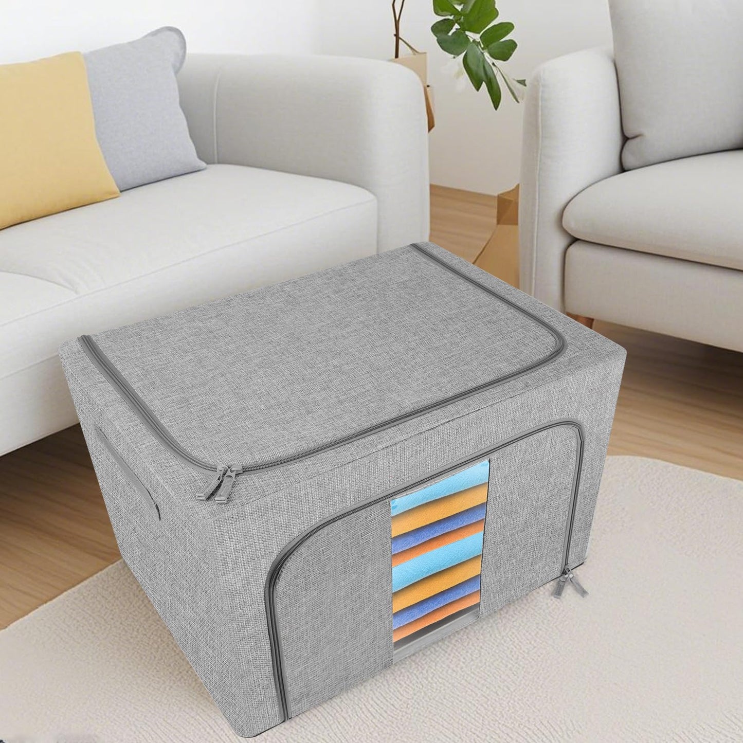 Eyeleaf Storage Bags with Zips, 3PCS Linen Clothes Storage Bag 24L 66L 100L Large Storage Bags Foldable with Metal Frame Lid Clear Window Durable