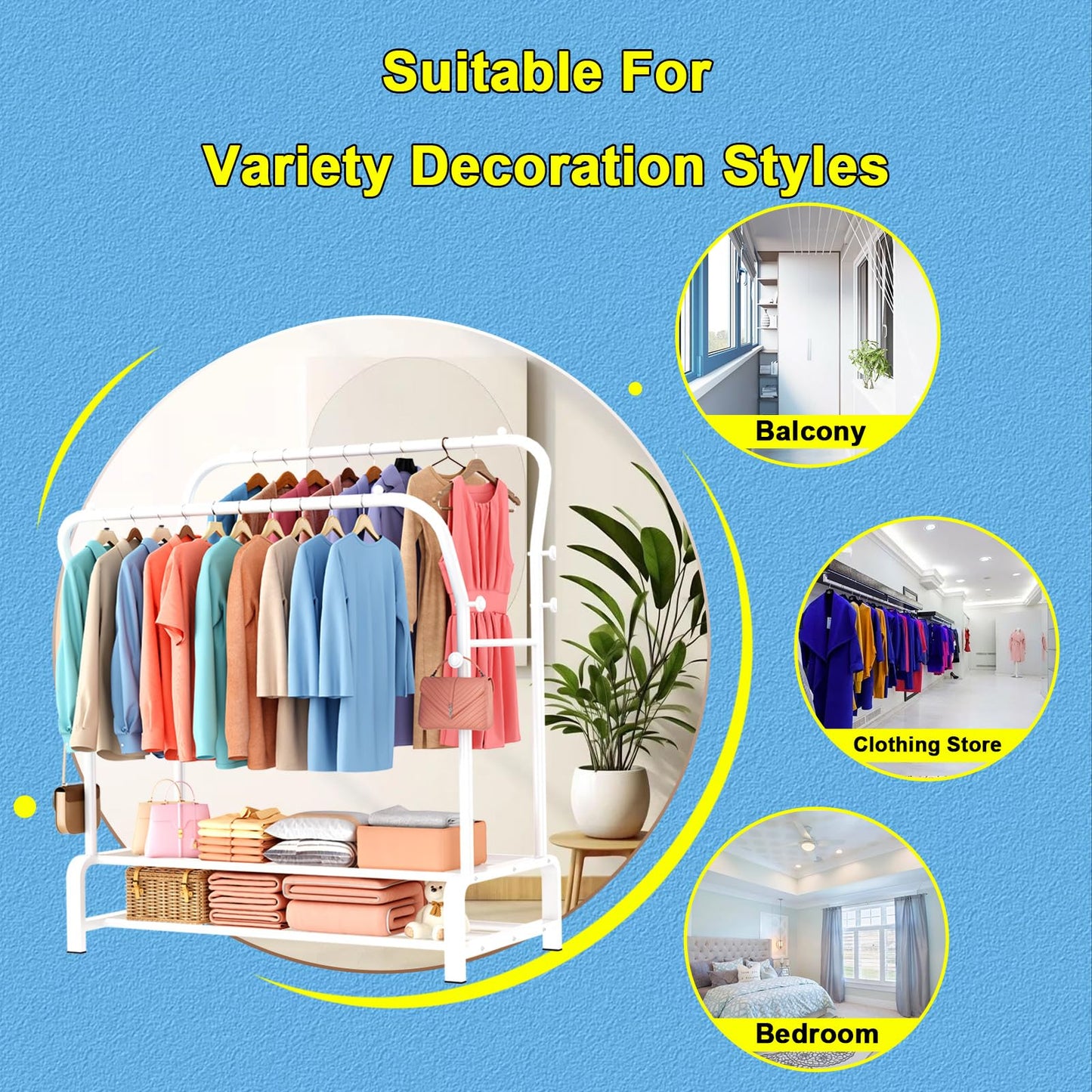 OPPAIYA Heavy Duty Clothes Rail with Double Hanging Rods & 8 Hooks,Clothing Rack with Wide Bottom Base