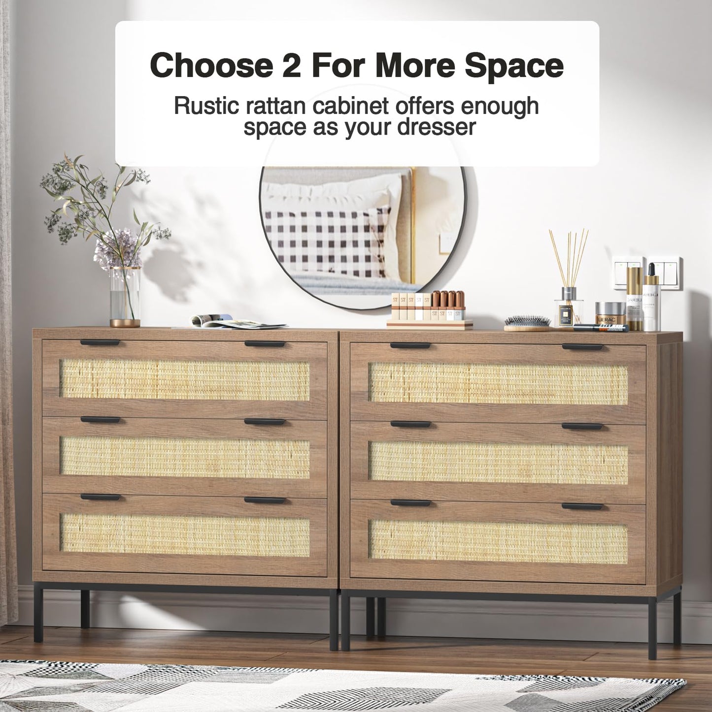 Yvsevnr Rattan Dresser for Bedroom Drawers for Clothes, Anti-Tipping, Wooden Closet Dressers Large Nightstand Bedside Storage Cabinet Unit with Metal