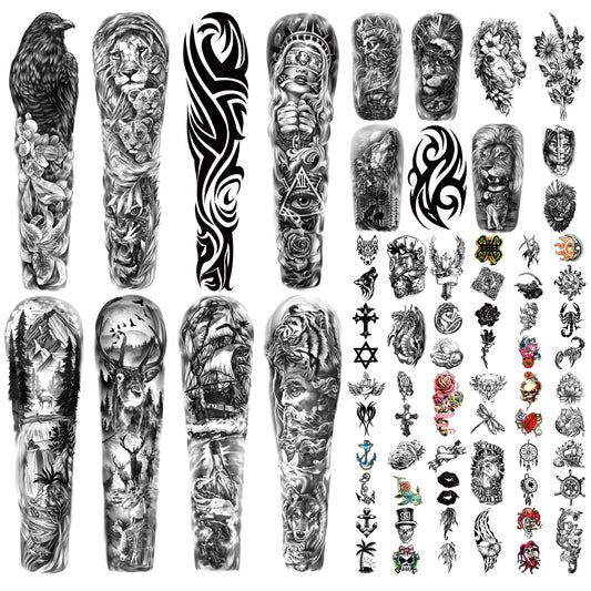 Full Arm Temporary Tattoo 46 Sheets for Men And Women(L22.8?xW7?), Fake Tattoo Stickers Patterns Deer Eagle Lion Wolf Tiger Totem Realistic Temp