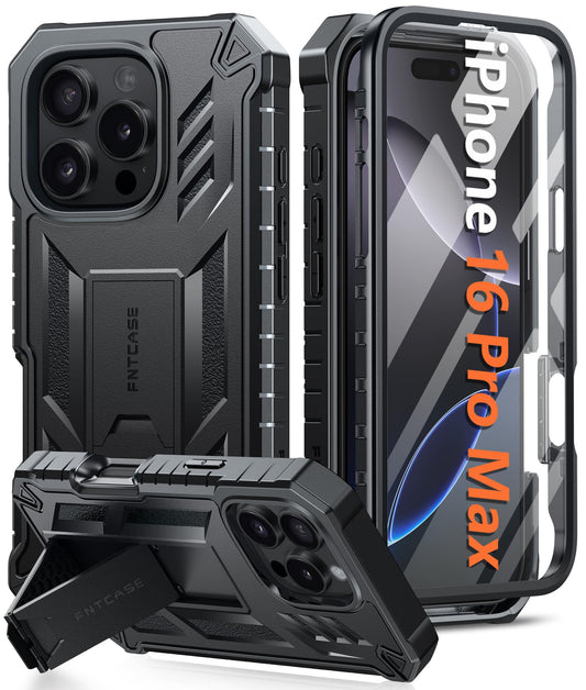 FNTCASE for iPhone 16 Pro-Max Case: Military Grade Drop Proof Protection Mobile Cover with Kickstand | Matte Textured Rugged Shockproof TPU |
