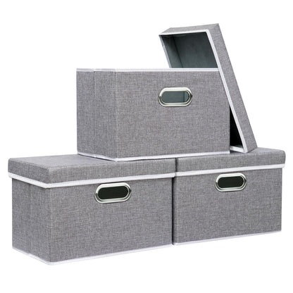 Yawinhe Collapsible Storage Box 3 Pack, Fabric Clothing Shelf Basket with Lid, for Organizing Home, 38x25x25cm, Grey, SNK023GL-3