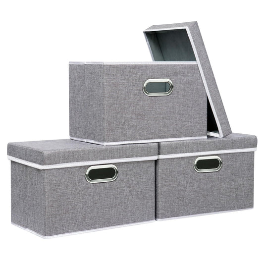 Yawinhe Collapsible Storage Box 3 Pack, Fabric Clothing Shelf Basket with Lid, for Organizing Home, 38x25x25cm, Grey, SNK023GL-3