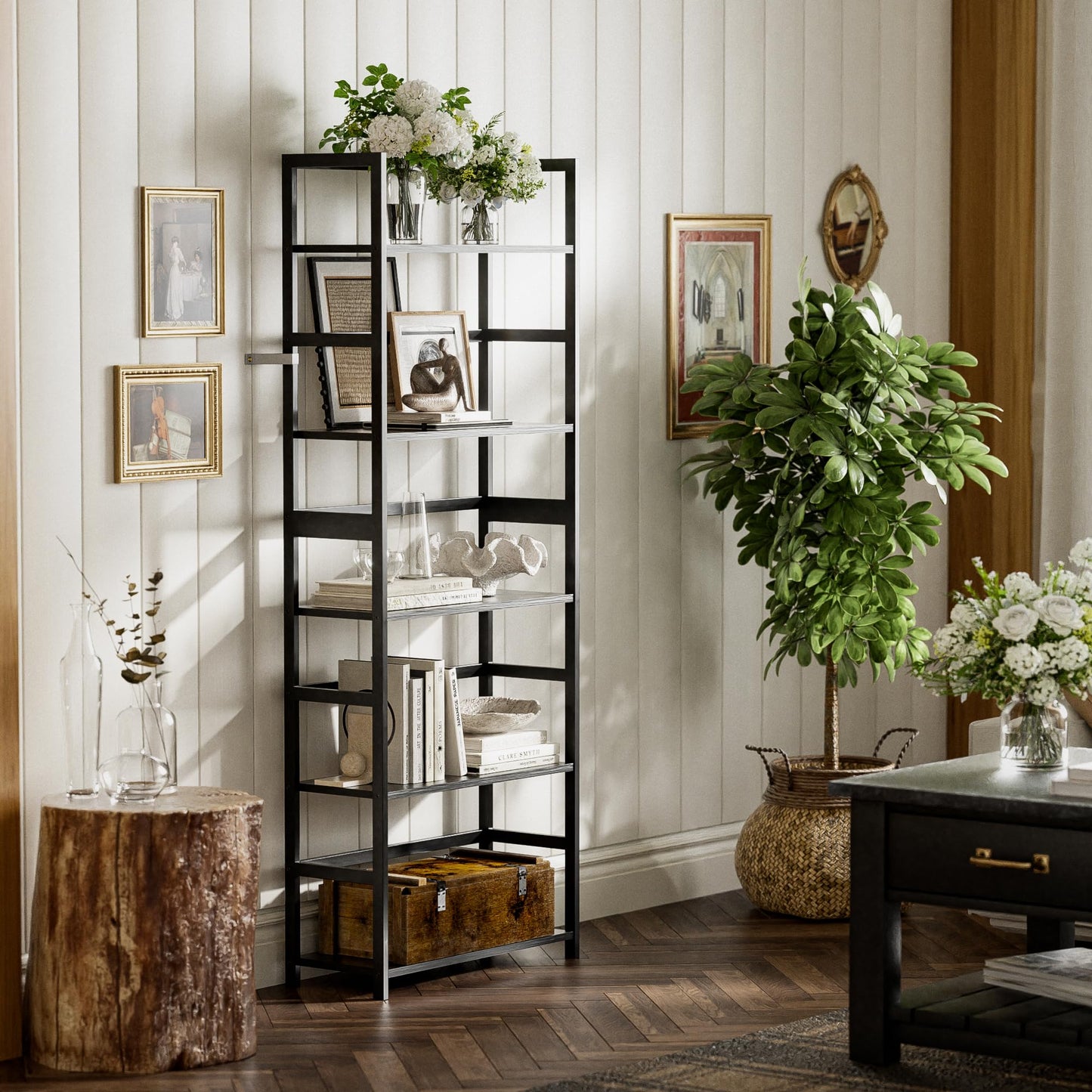 vovala 5-Tier Bamboo Wood Ladder Bookshelf, Tall Display Storage Shelf, Large Bookcase Modern Industrial Stand Organizer for Home, Office