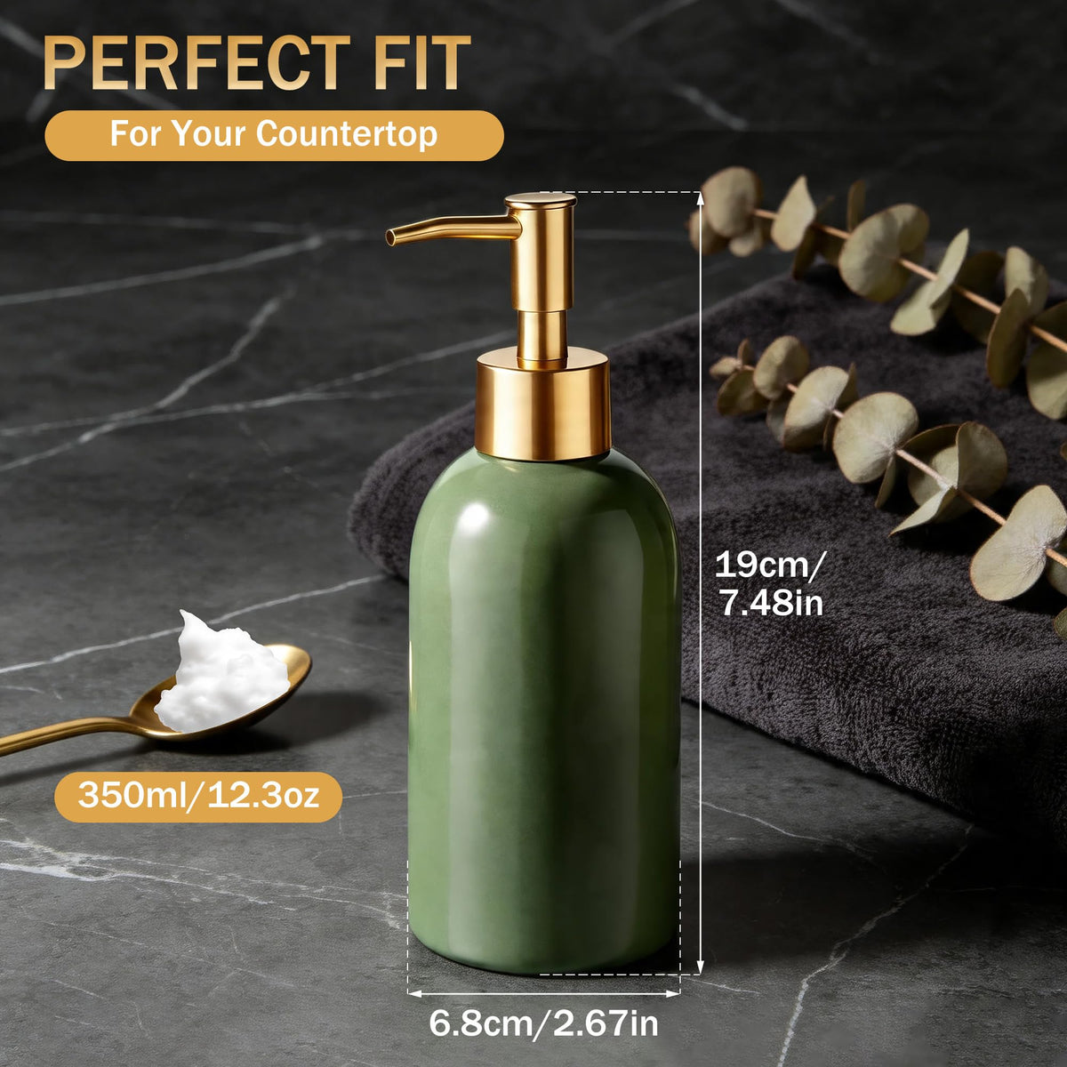 Hejo 350ml Ceramic Soap Dispenser with Matte Gold Pump, Refillable Liquid Hand Wash Soap Dispenser for Laundry Room, Bathroom & Kitchen Green