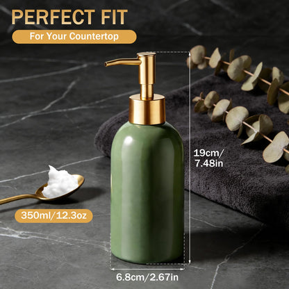 Hejo 350ml Ceramic Soap Dispenser with Matte Gold Pump, Refillable Liquid Hand Wash Soap Dispenser for Laundry Room, Bathroom & Kitchen Green